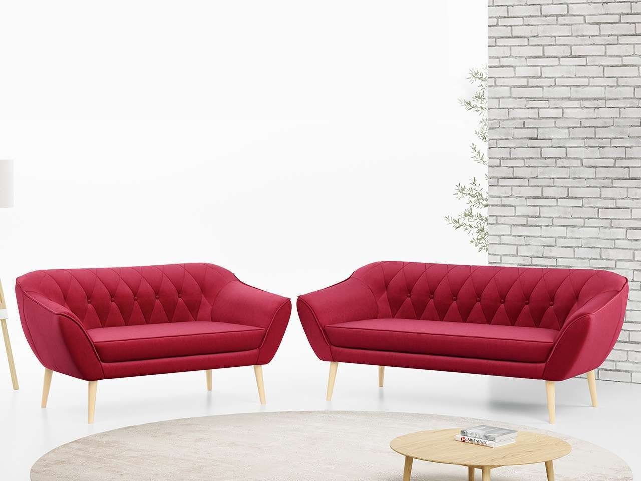 MKS MÖBEL Sofa PIRS 3 2, Skandinavischer Stil, Gesteppte Polsterung, Moderne Sofa Set 3 + 2 Rot Casablanca