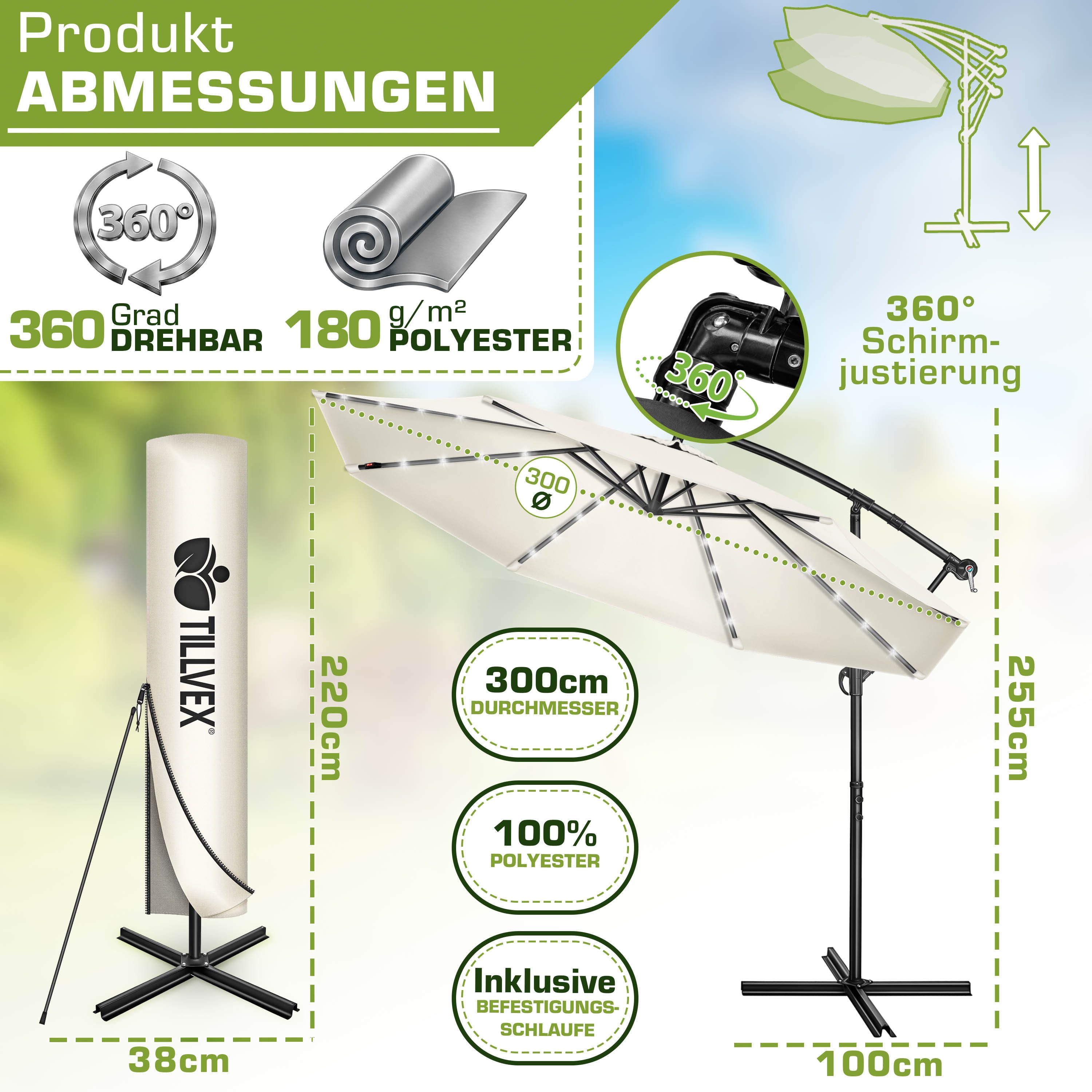 tillvex Sonnenschirm tillvex® Sonnenschirm LED Solar Ø 3m Ampelschirm Balkon Gartenschirm, Alu Ampelschirm + Abdeckung LED Solar Ø 350 cm mit Kurbel, Abdeckung  – Bild 2 von 5