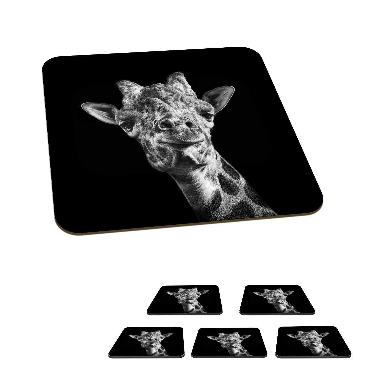 MuchoWow Glasuntersetzer Giraffe - Tier - Schwarz - Weiß, Zubehör für Gläser, 6-tlg., Glasuntersetzer, Tischuntersetzer, Korkuntersetzer, Untersetzer, Tasse