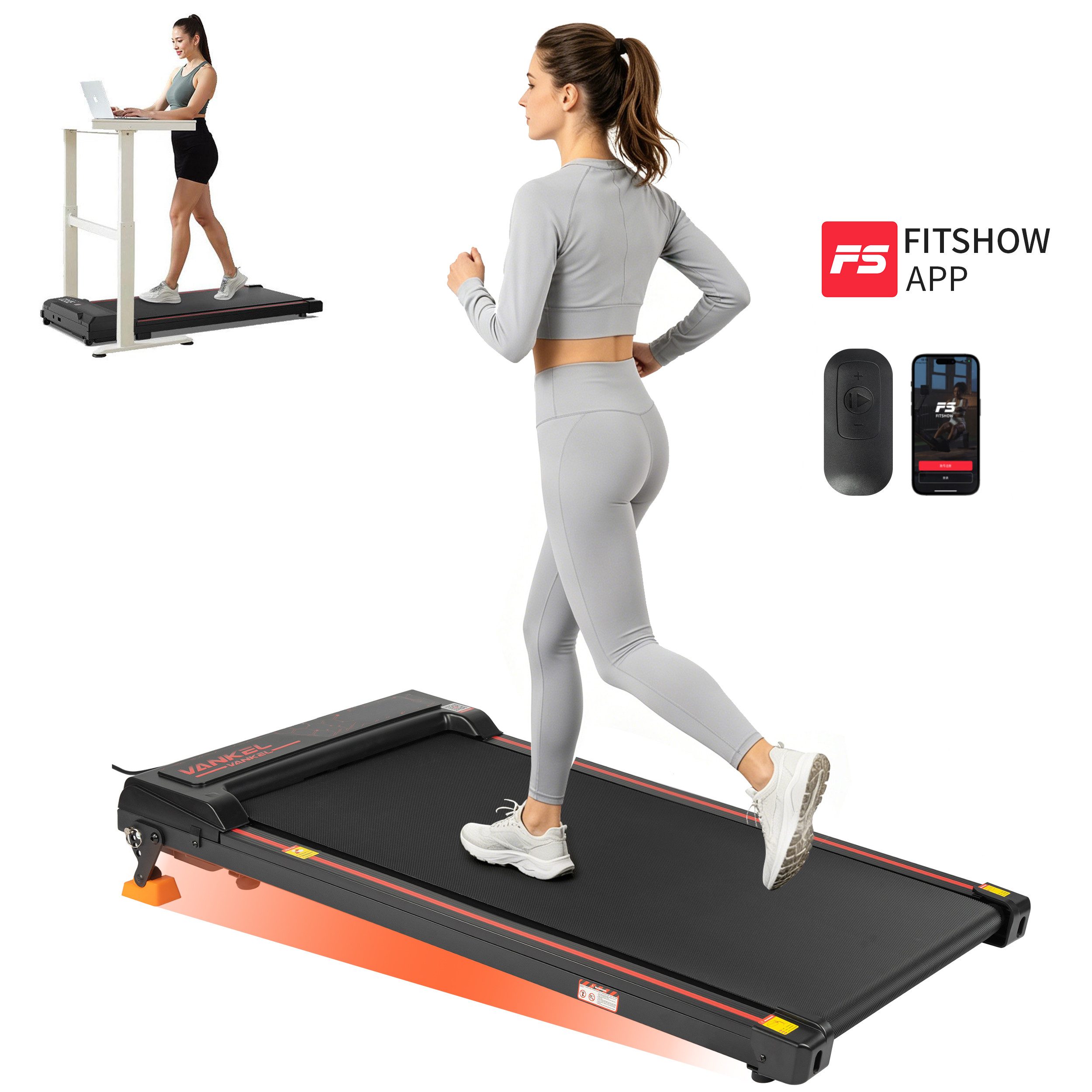 Vankel Laufband klein für zur hause, Walking Pad mit Steigung, 1-12 km/h, bis 120kg (mit App, Bluetooth, WLAN, LED-Display & Fernbedienung), Laufband mit steigung 8%, bis 6km/h, 110kg max., Noise<45db