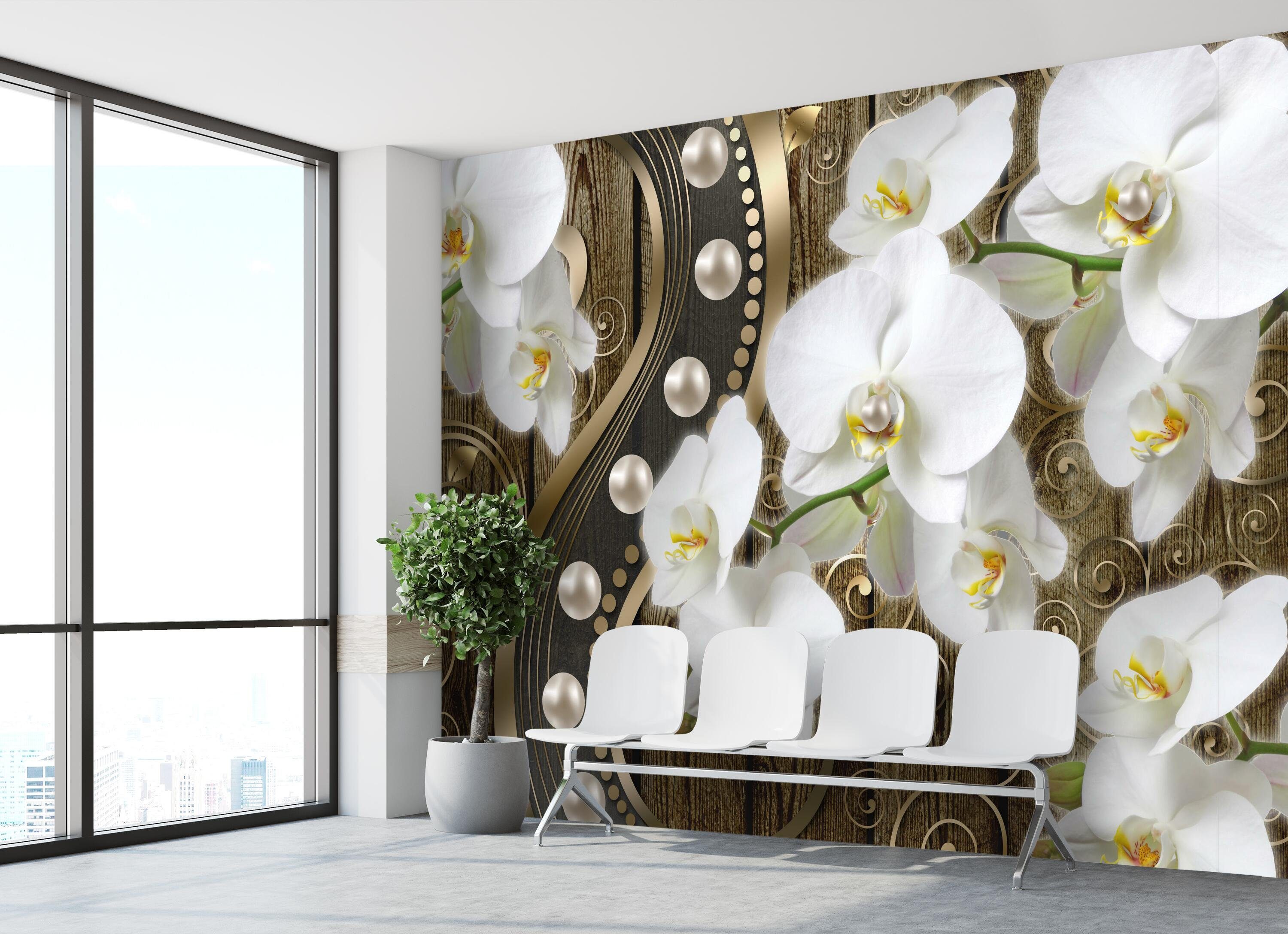 3D Wandtapete, matt, Vliestapete Orchideen Fototapete wandmotiv24 glatt, Motivtapete, Effekt Perlen,