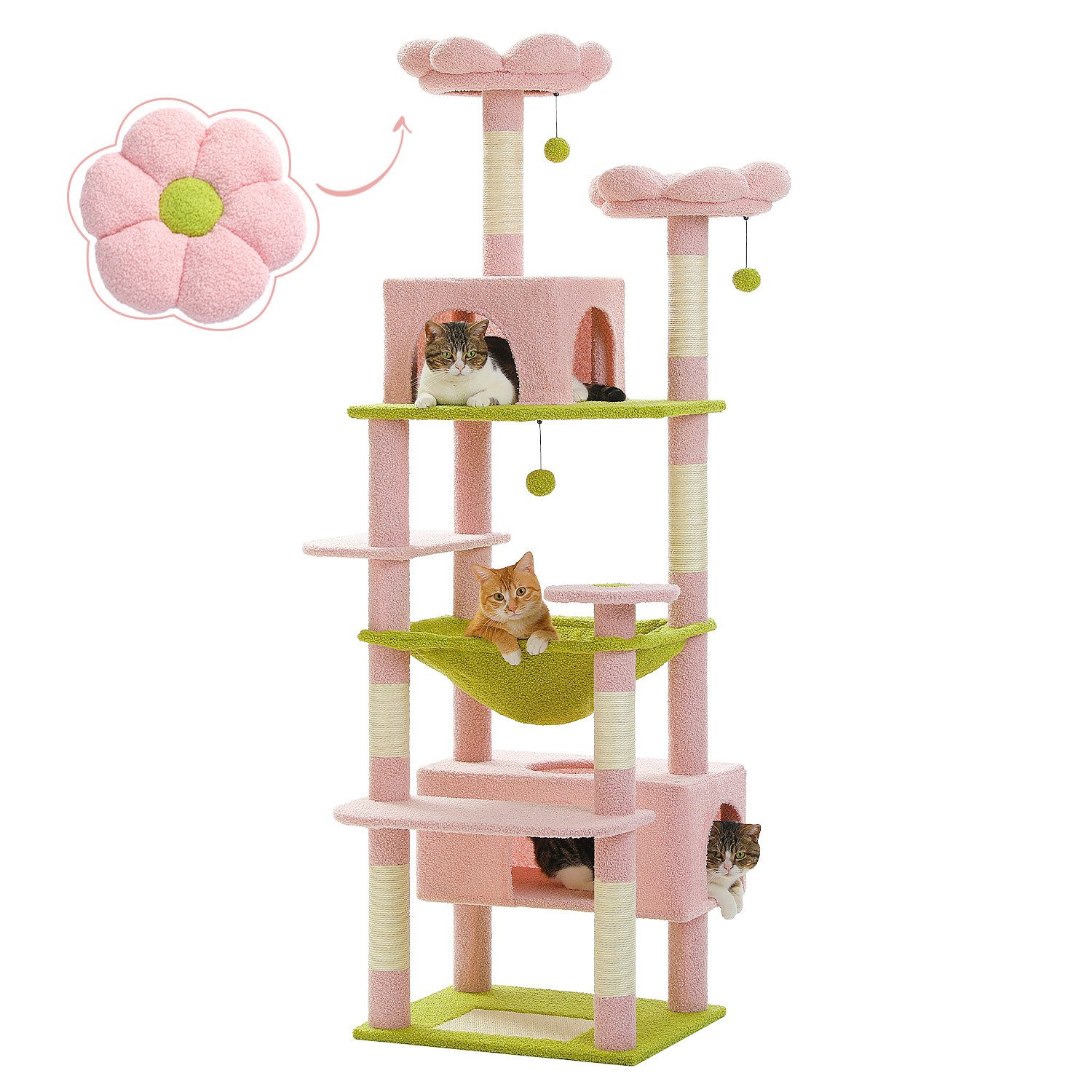 PETEPELA Kratzbaum Großer Kratzbaum, 184 cm großer Katzenturm für große Katzen, Sisal-bezogenen Polstern, 2 Sitzstangen, Doppelhaus und Korb