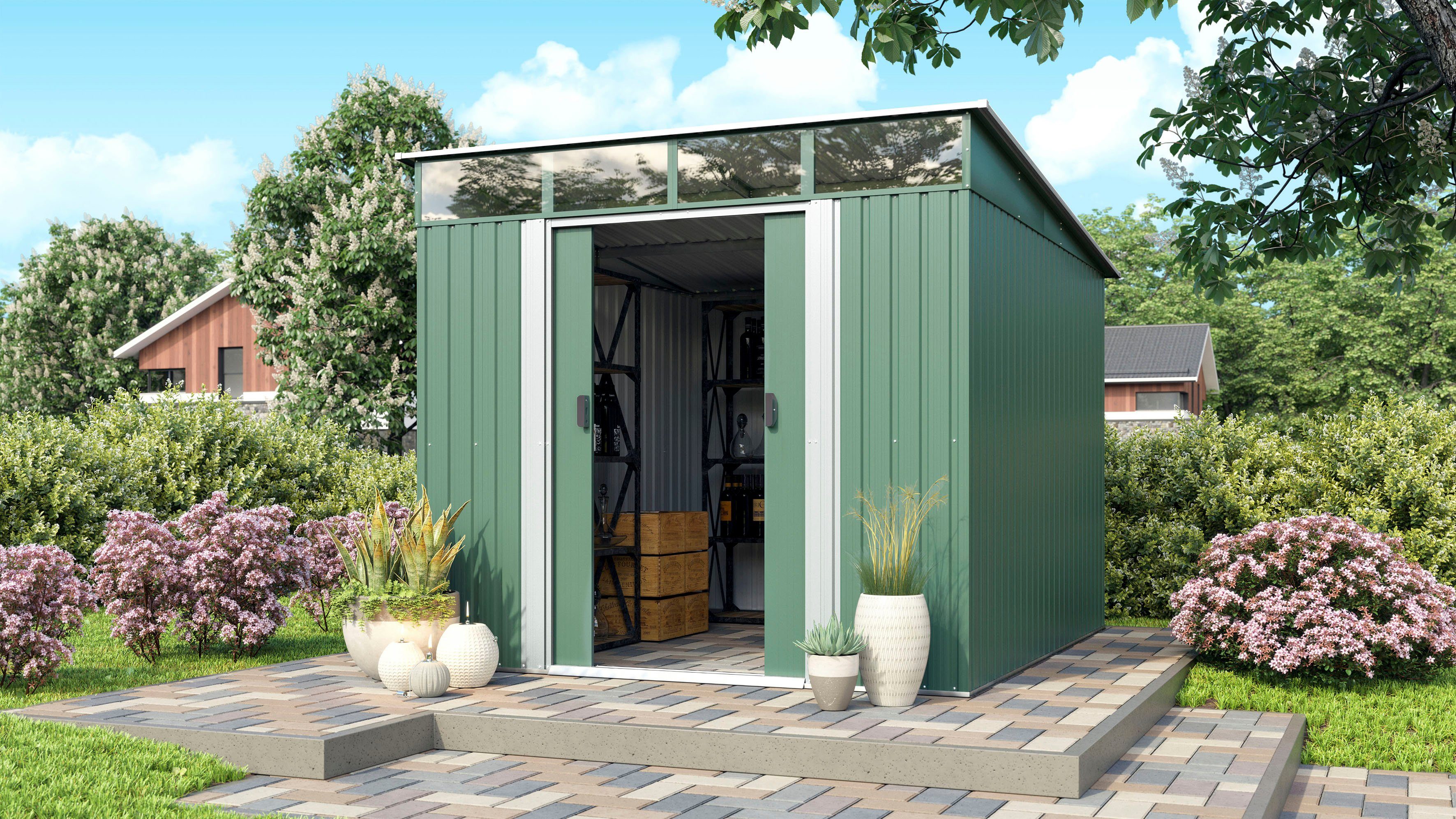 Pergart Gerätehaus Lübeck 89, BxT: 224x267 cm, Metall, mit Pultdach und Lichtband, tanne/weiß