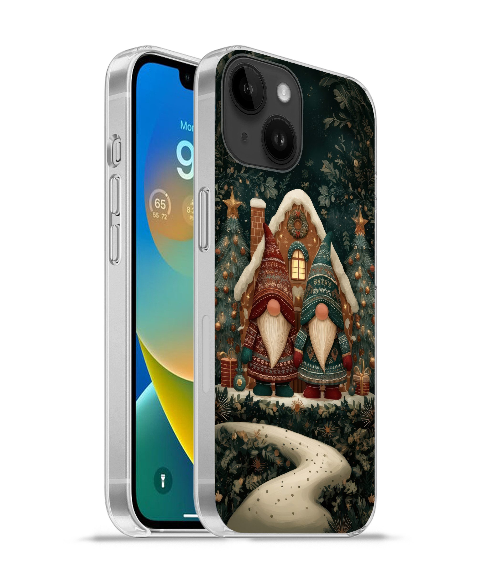 MuchoWow Handyhülle für Apple iPhone 14 Weihnachten - Wichtel - Lebkuchenhaus - Rot - Grün, Smartphone-Bumper, Print, Handy Schutzhülle Dünn