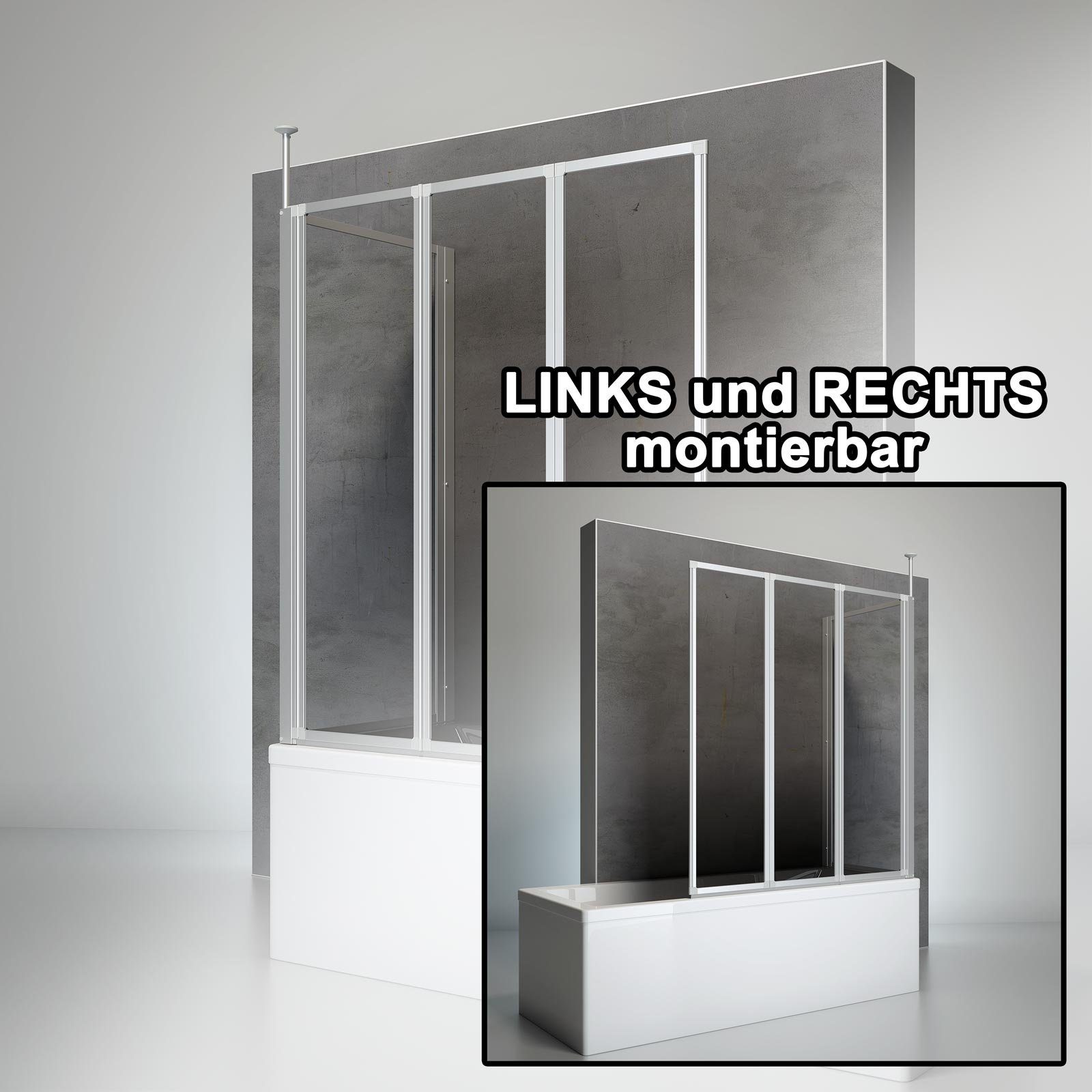 Schulte Badewannenfaltwand Well, Sicherheitsglas, 129x140 cm, 3 tlg + Festelement, Klar, Alu-Natur