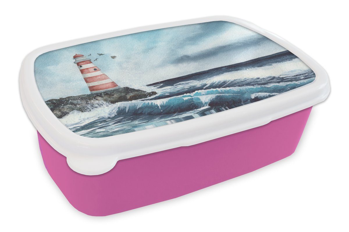 MuchoWow Lunchbox Leuchtturm - Meer - Golf, Kunststoff, (2-tlg), Brotbox für Erwachsene, Brotdose Kinder, Snackbox, Mädchen, Kunststoff rosa