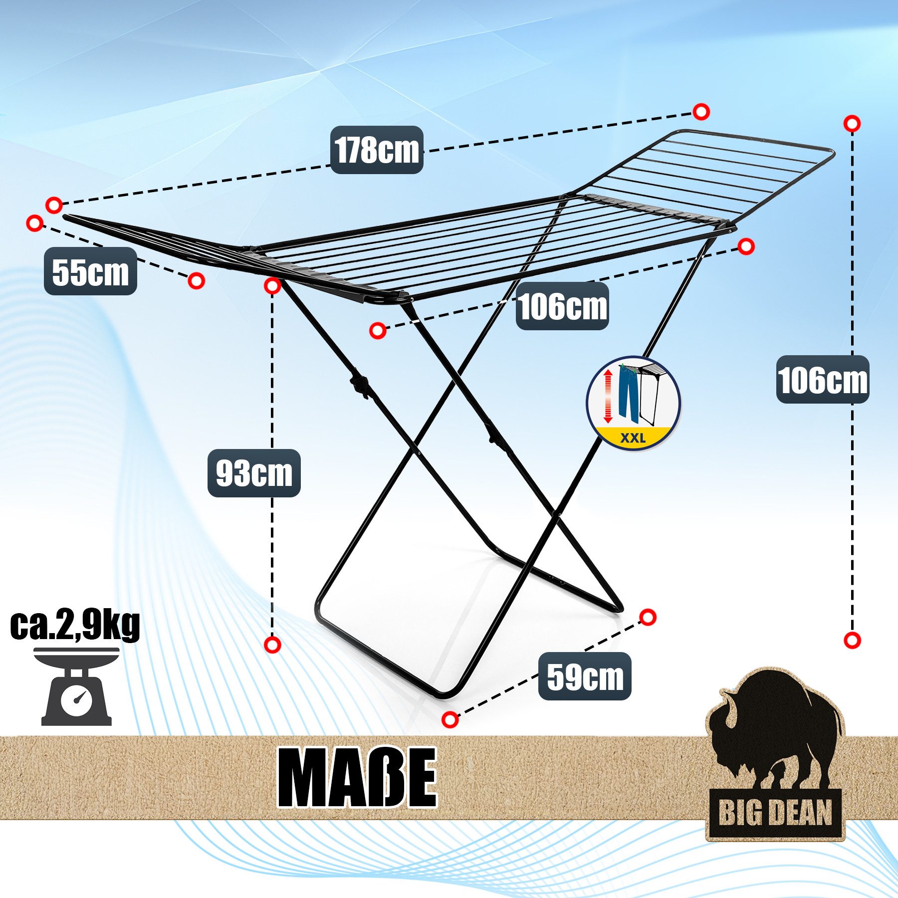 BigDean Wäscheständer 200 cm = 20m extra-hoch + dicke Leinen für einfacheres Bügeln, Extra dicke Leinen, hohe Seitenflügel, inkl. Kleinteilhalter