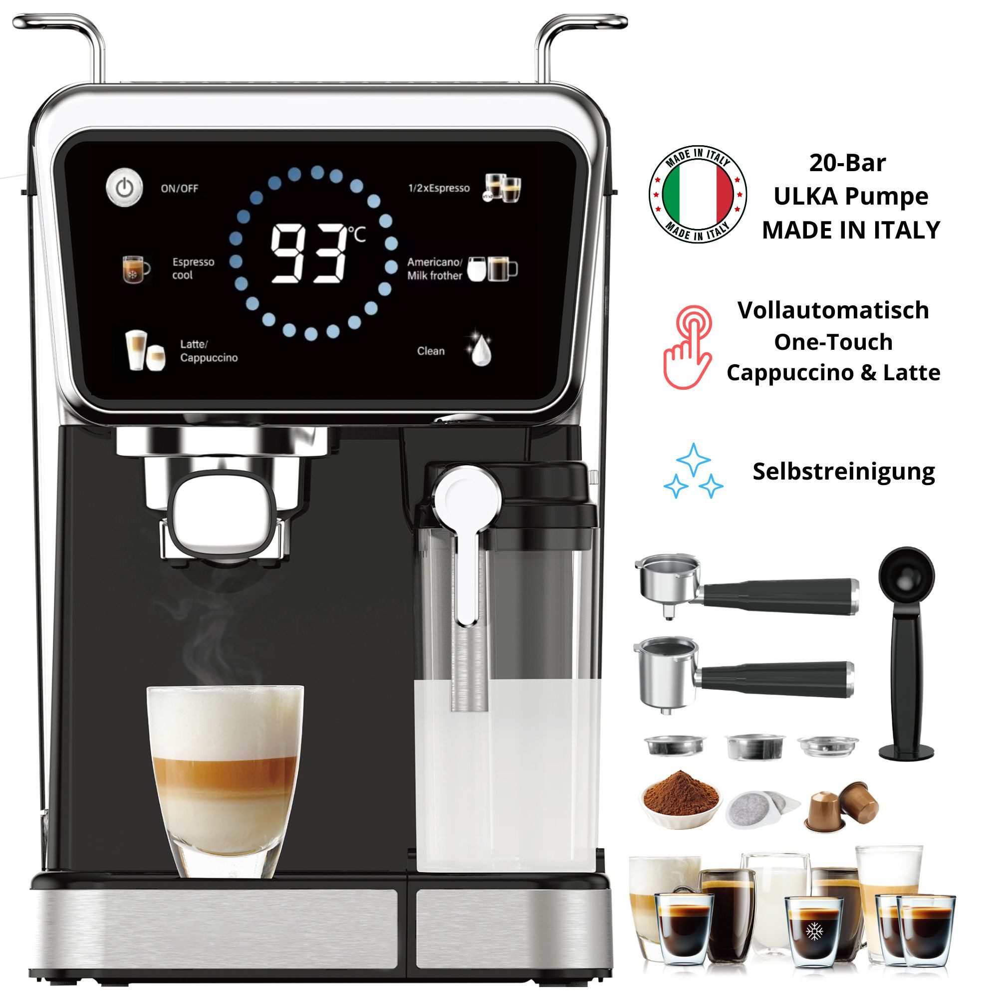 KB Elements Espressomaschine, 3 in 1 Siebträgermaschine, One Touch Cappuccino oder Latte Macchiato