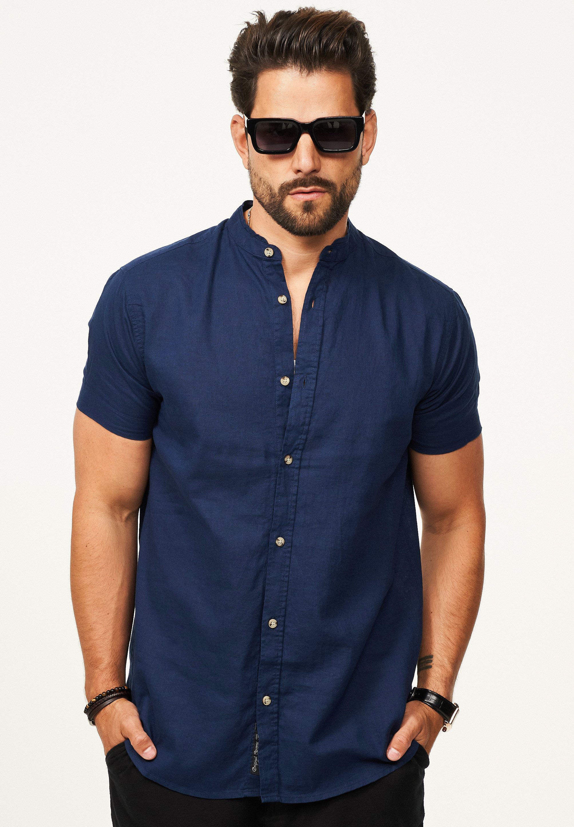behype Kurzarmhemd als Sommerhemd aus Leinen im Regular-Fit Herren Leinenhemd Freizeithemd mit Stehkragen