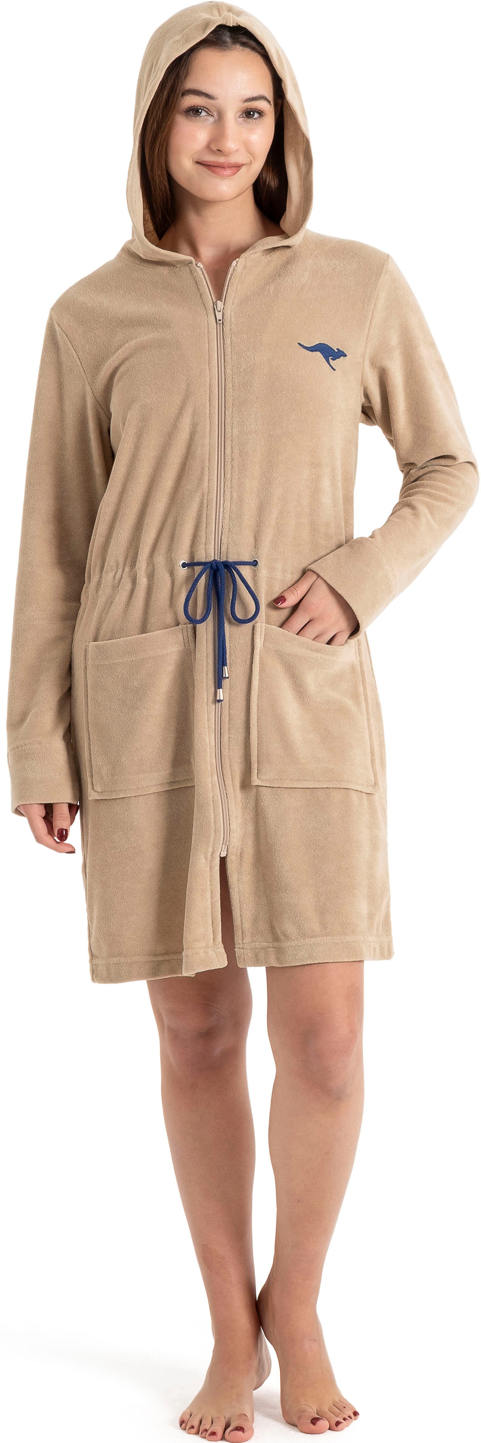 KangaROOS Damenbademantel Kira, ideal für Sauna & Spa, Hotelbademantel, Morgenmantel, Kurzform, Leichtfrottier, Kapuze, Reißverschluss, mit Bindekordel, kurz, Bademäntel für Damen, XS-3XL