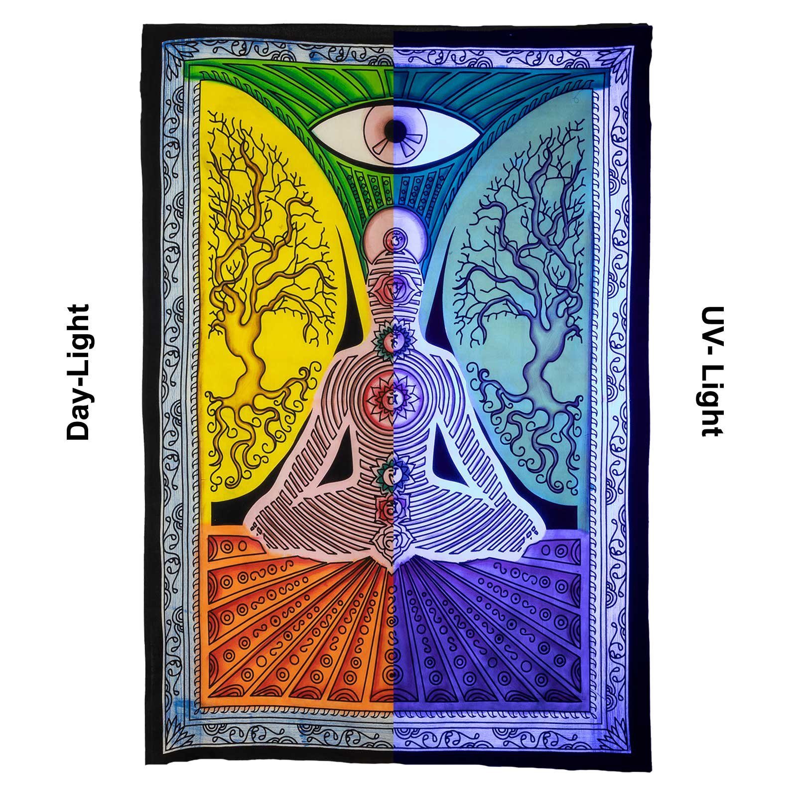 KUNST UND MAGIE Wandteppich Tuch Chakra Tagesdecke Wandbehang Deko Yoga Schwarzlicht ca.200x135cm