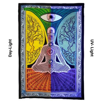 Wandteppich Tuch Chakra Tagesdecke Wandbehang Deko Yoga Schwarzlicht ca.200x135cm, KUNST UND MAGIE