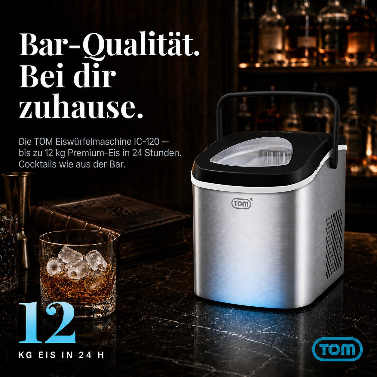 TOM Eiswürfelmaschine Eiswürfelbereiter 1,3L inklusive Eiszange, 12kg in 24h, Eismaschine, Herausnehmbarer Korb, Edelstahl, Sichtfenster