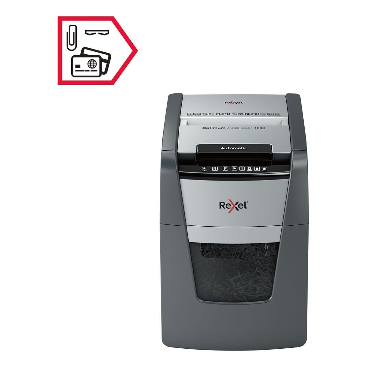 REXEL Aktenvernichter Optimum AutoFeed+ 100X, Partikelschnitt 4 28 mm, Einzelblatt-Einzug / Autofeed, 34 Liter