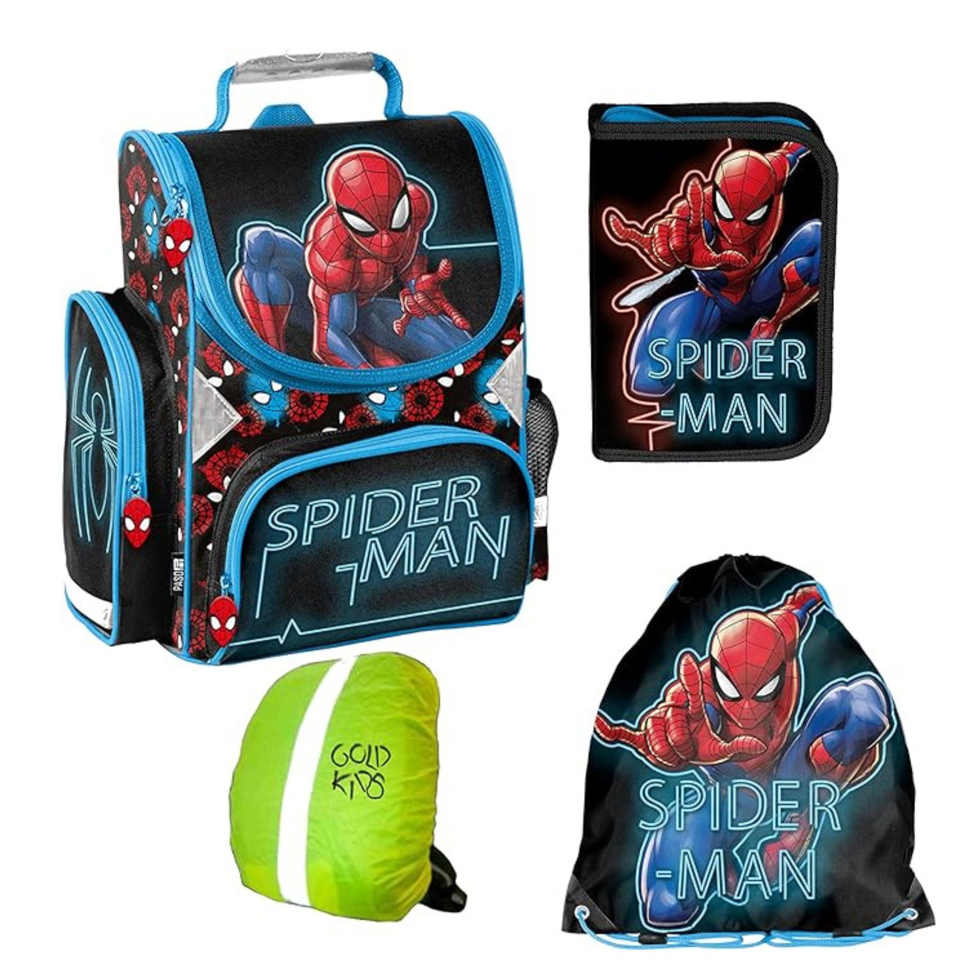 GOLDKIDS Ранці Spiderman ergonomischer (Ranzen Turnbeutel Federmappe Regenschutz, 1-tlg., Grundschule 4er Set Lizenzartikel Marvel), Spiderman Spider-man Comics