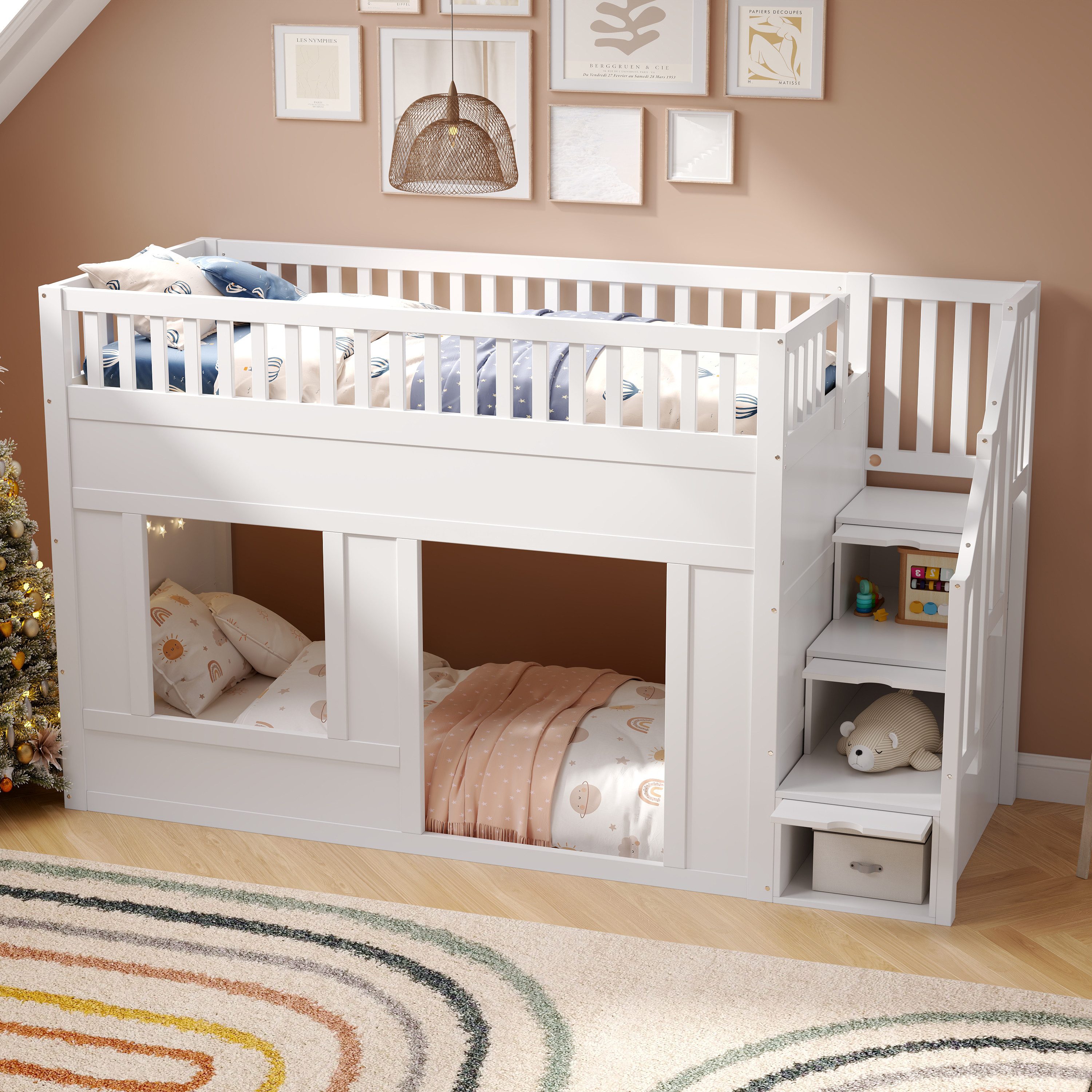 Flieks Hochbett Kinderbett Hausbett 90x200cm mit Stauraumtreppe und Rausfallschutz – Bild 2 von 5