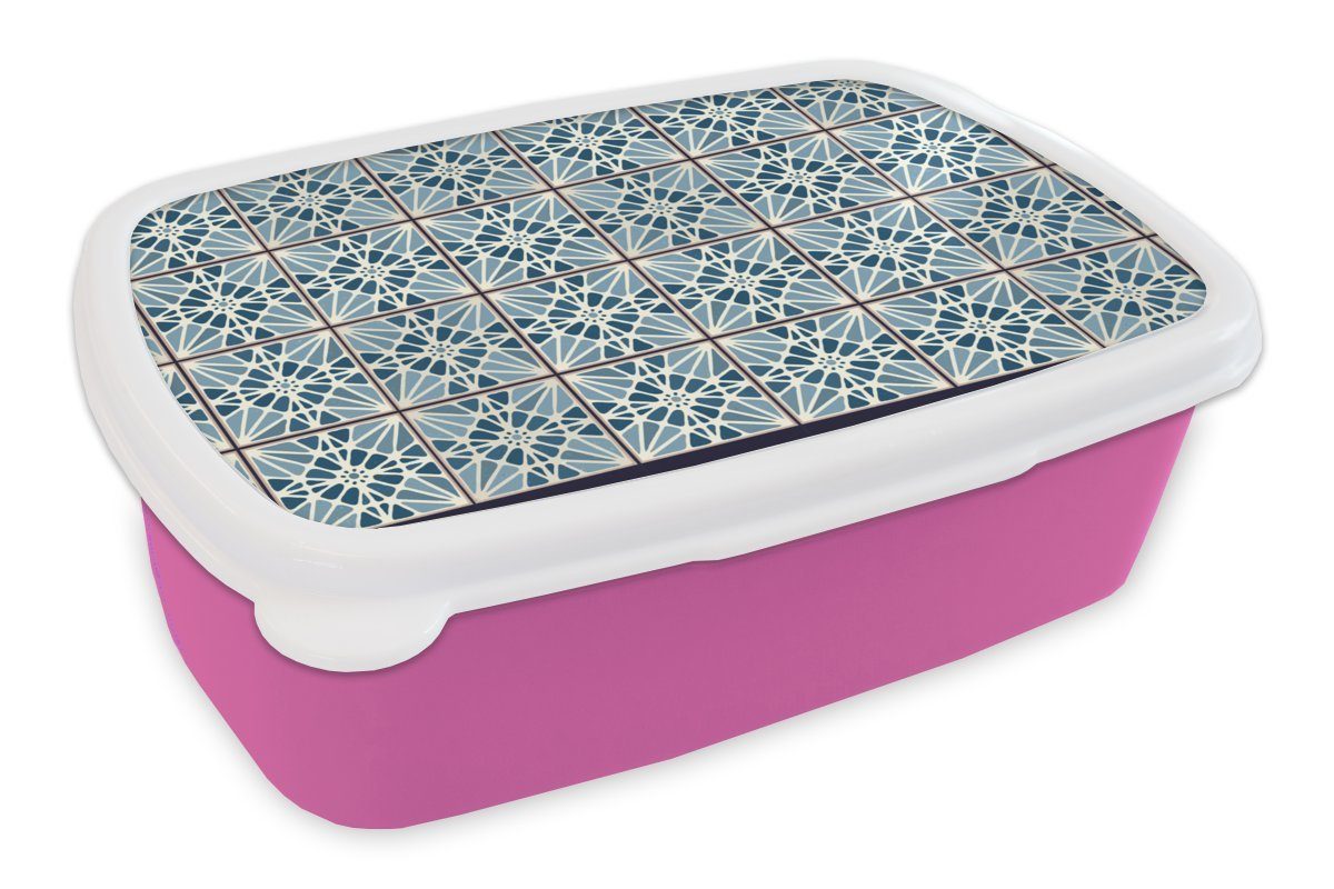 MuchoWow Lunchbox Blau - Muster - Kacheln, Kunststoff, (2-tlg), Brotbox für Erwachsene, Brotdose Kinder, Snackbox, Mädchen, Kunststoff rosa