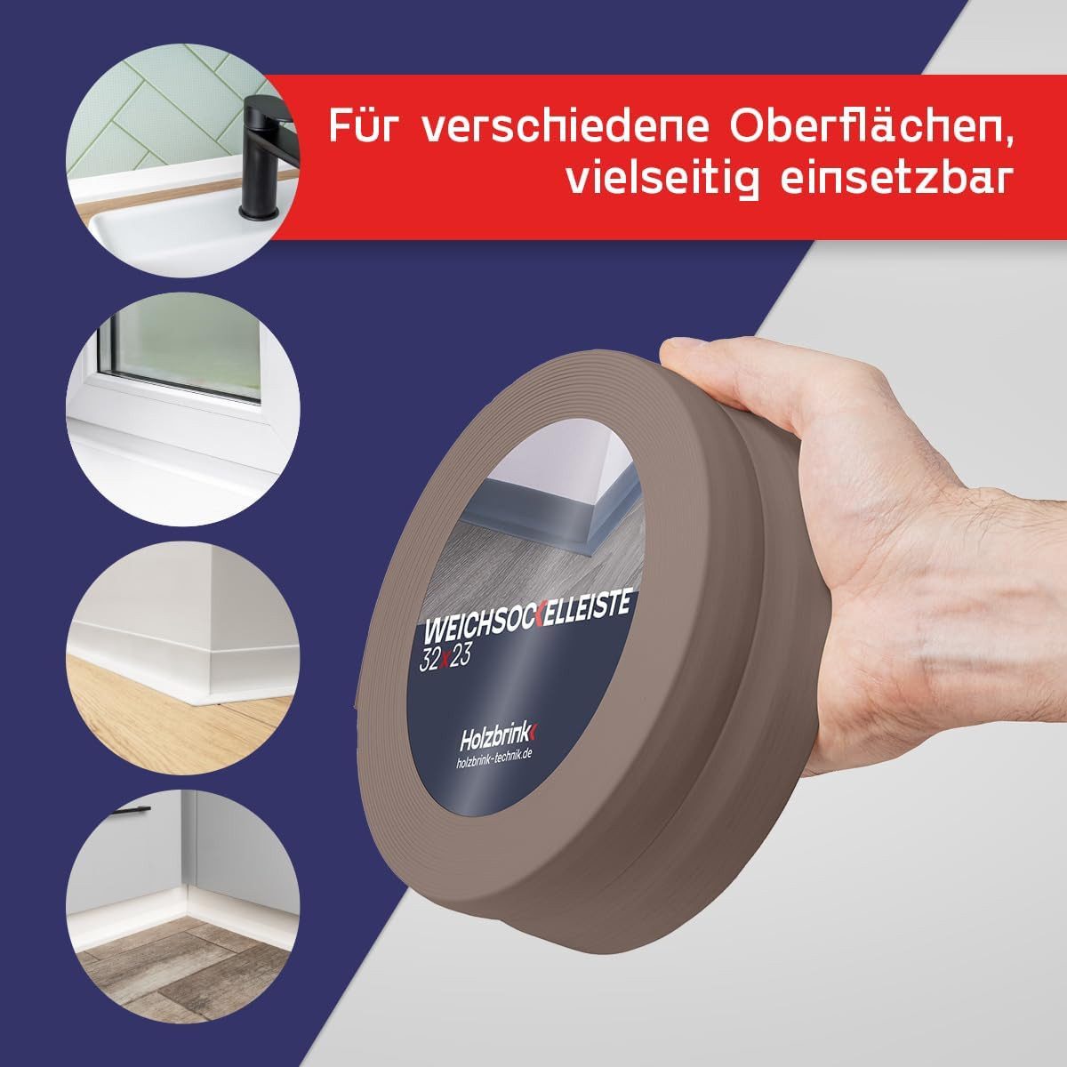 HOLZBRINK Sockelleiste HOLZBRINK selbstklebend PVC 32x23mm, 1 m, L: 100 cm, 1m Rolle, Küchenleiste Abschlussleiste für Badezimmer Farbe: Cappuccino – Bild 4 von 5