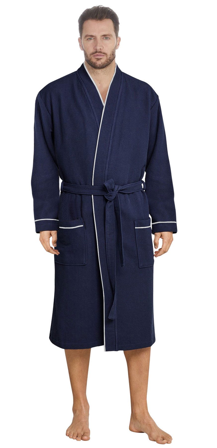 Badekönig Herrenbademantel Waffelpique, Kapuze, Gürtel, Langform Blau 100% günstig online kaufen