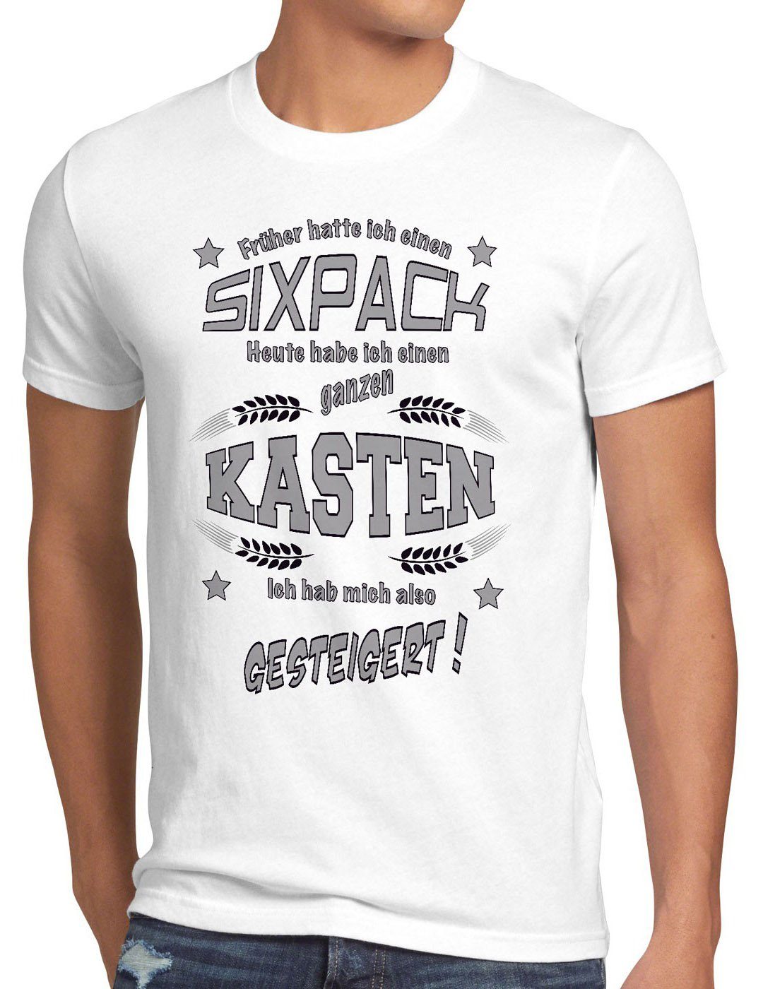 style3 Print-Shirt Herren T-Shirt Früher einen Sixpack heute Kasten Biershirt Fun Funshirt Spruch weiß