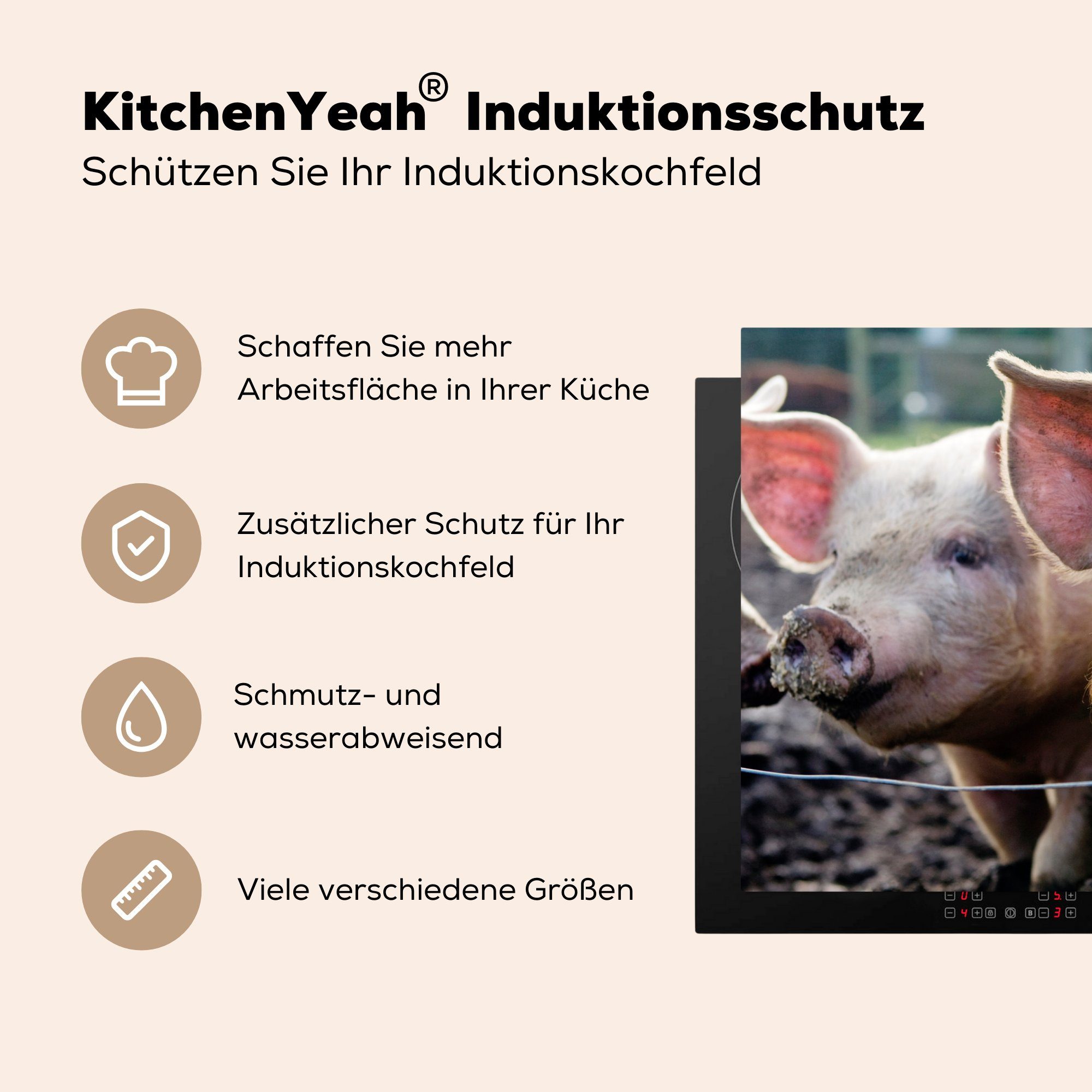 MuchoWow Herdblende-/Abdeckplatte Schwein Ceranfeldabdeckung cm, die Schutz (1 Induktionskochfeld Vinyl, - 81x52 Schlamm küche, - Tiere, tlg), für