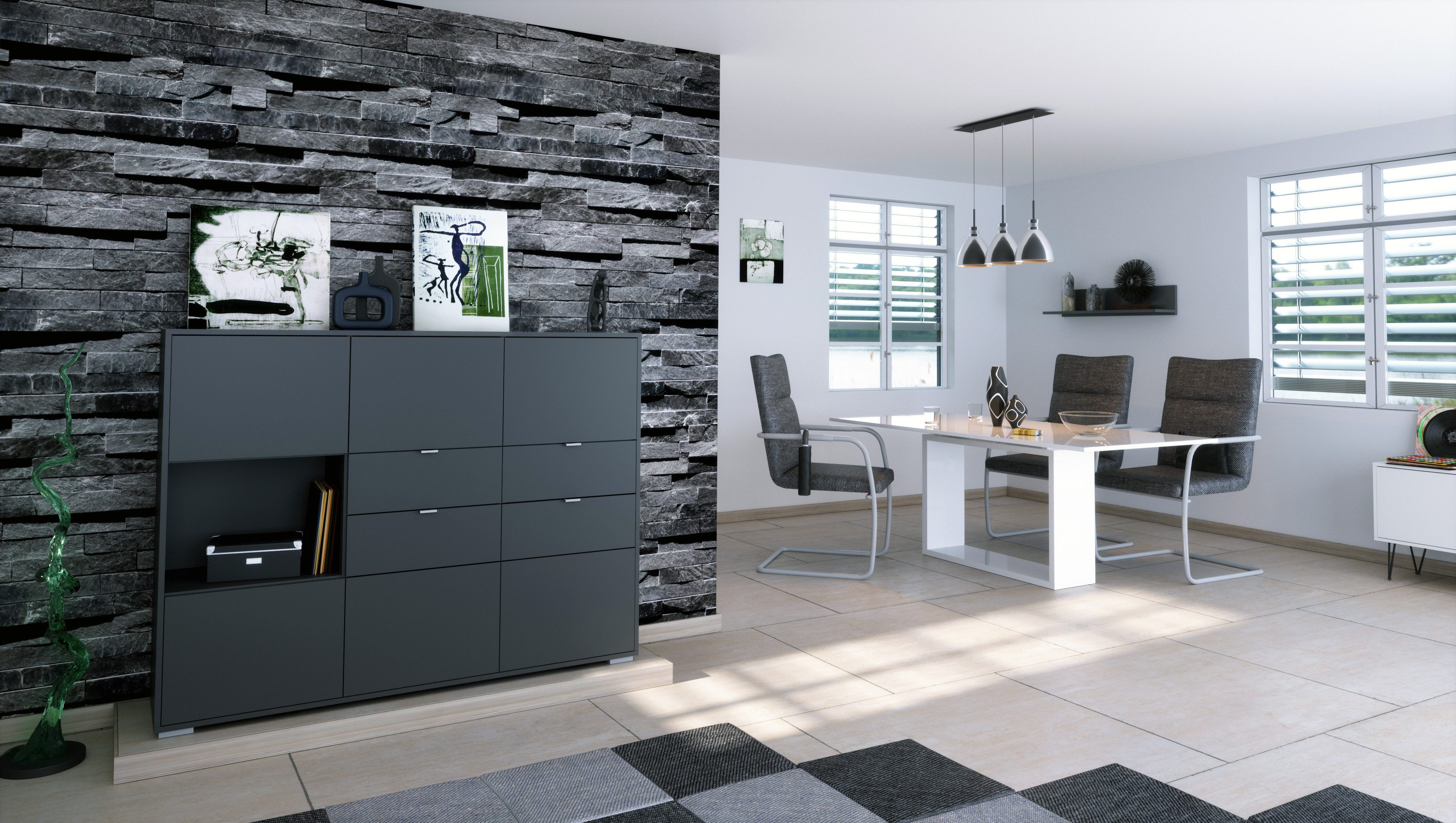 Vladon Highboard Milano (Highboard mit 6 Türen Anthrazit matt, 4 Schubladen Anthrazit matt, Made in Germany), Korpus Anthrazit matt (152,5 x 118 x 37 cm)