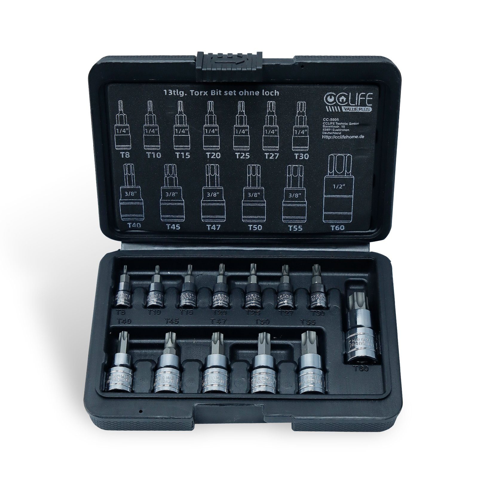 CCLIFE Steckschlüssel 13tlg Torx Bit Steckschlüsselsatz T8 -T60 bit set S2 Legierungsstahl