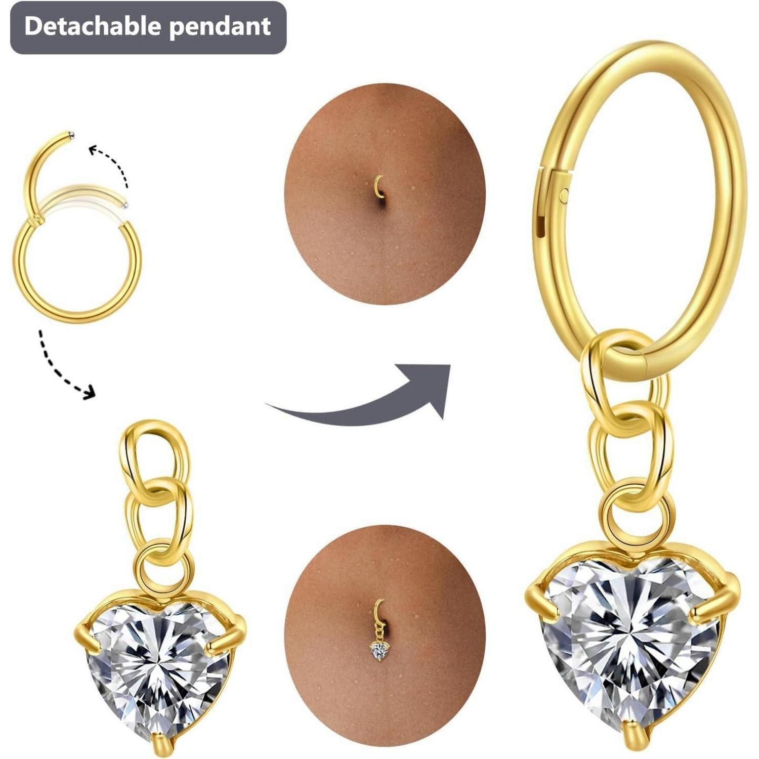 FunZing Bauchnabelpiercing Bauchnabelpiercing Silber Gold Dangle Herz Schmetterling CZ 14G 10MM