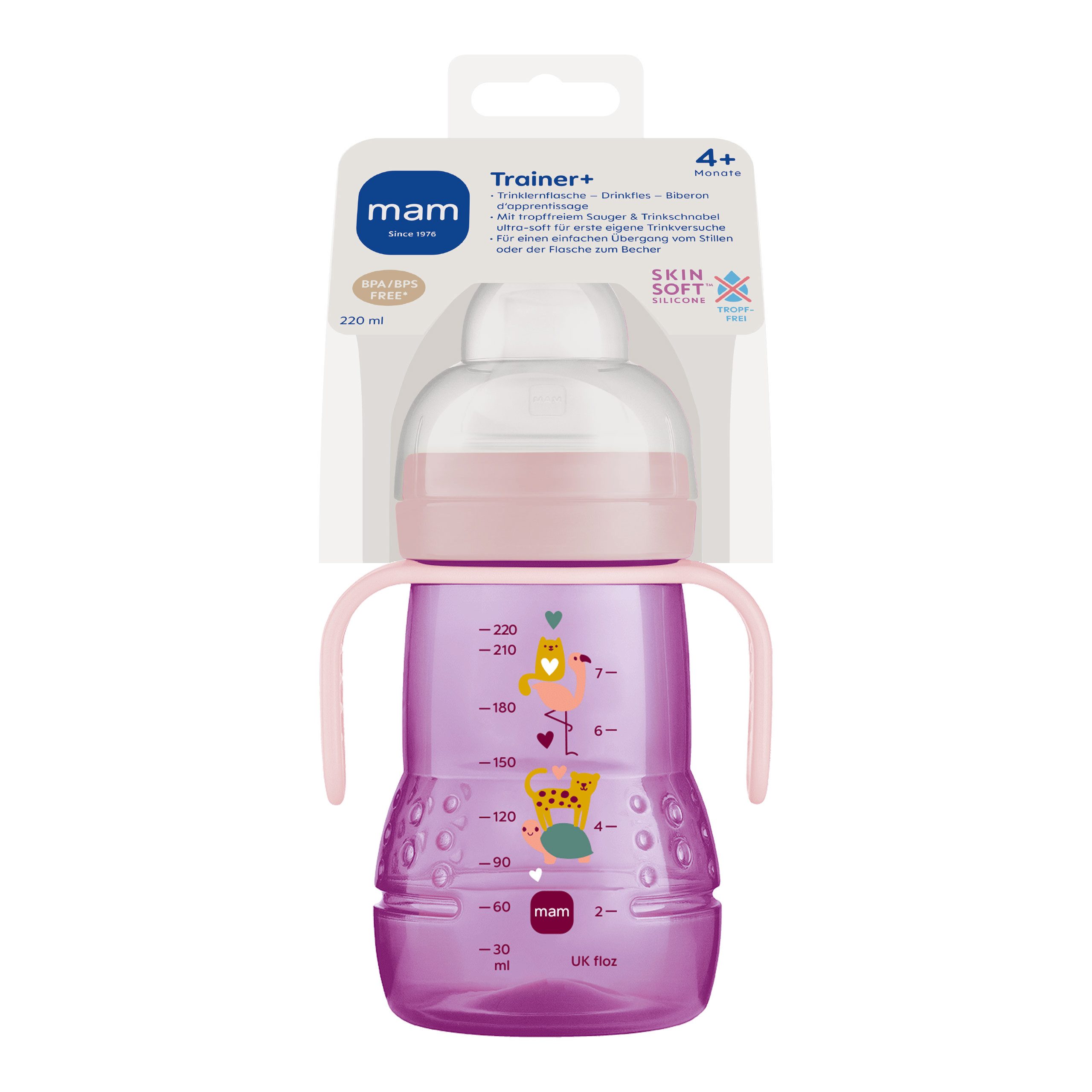MAM Trinklernbecher Trainer+ Cup 220ml 4m+ Baby Trinklernflasche mit Griffen, Silikonsauger, Mit 2 verschiedenen Trinkaufsätzen für zweistufiges Lernen