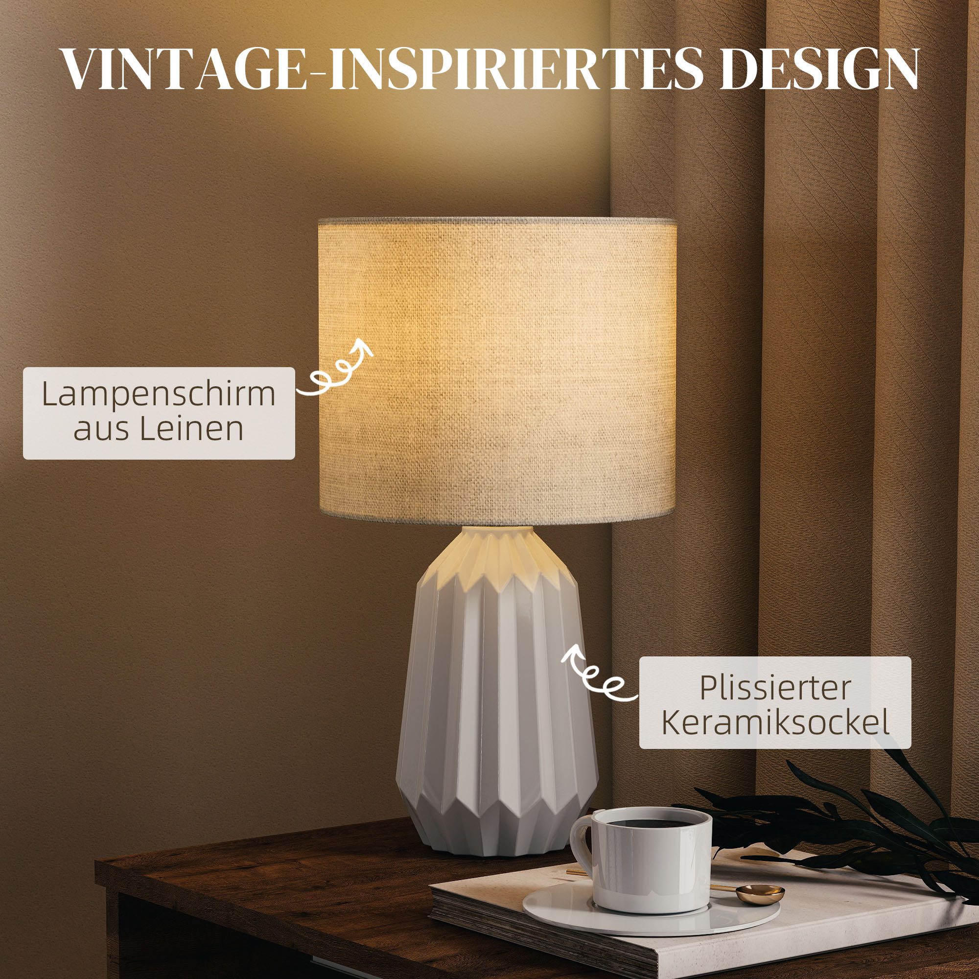 furnicato Tischleuchte Tischlampe, Tischleuchte, Nachttischlampe mit Leinenschirm