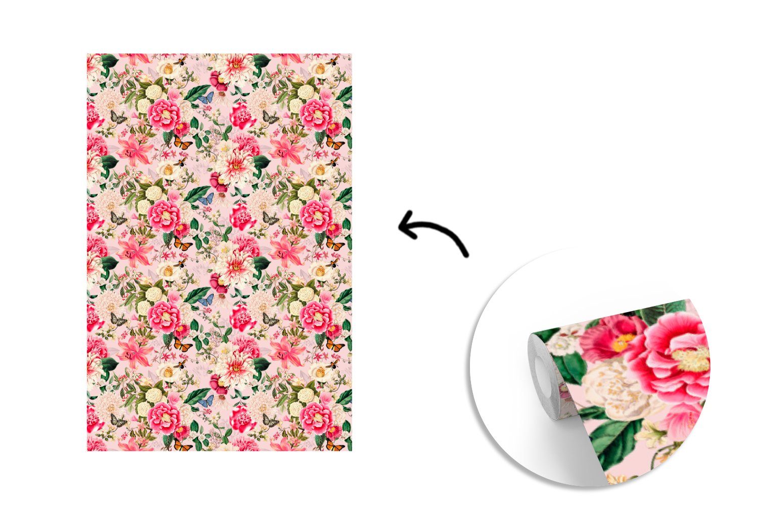 Blumen Tapete bedruckt, Vinyl Matt, (3 Muster, Rosa für Fototapete - Montagefertig Wohnzimmer, - MuchoWow Wandtapete St),