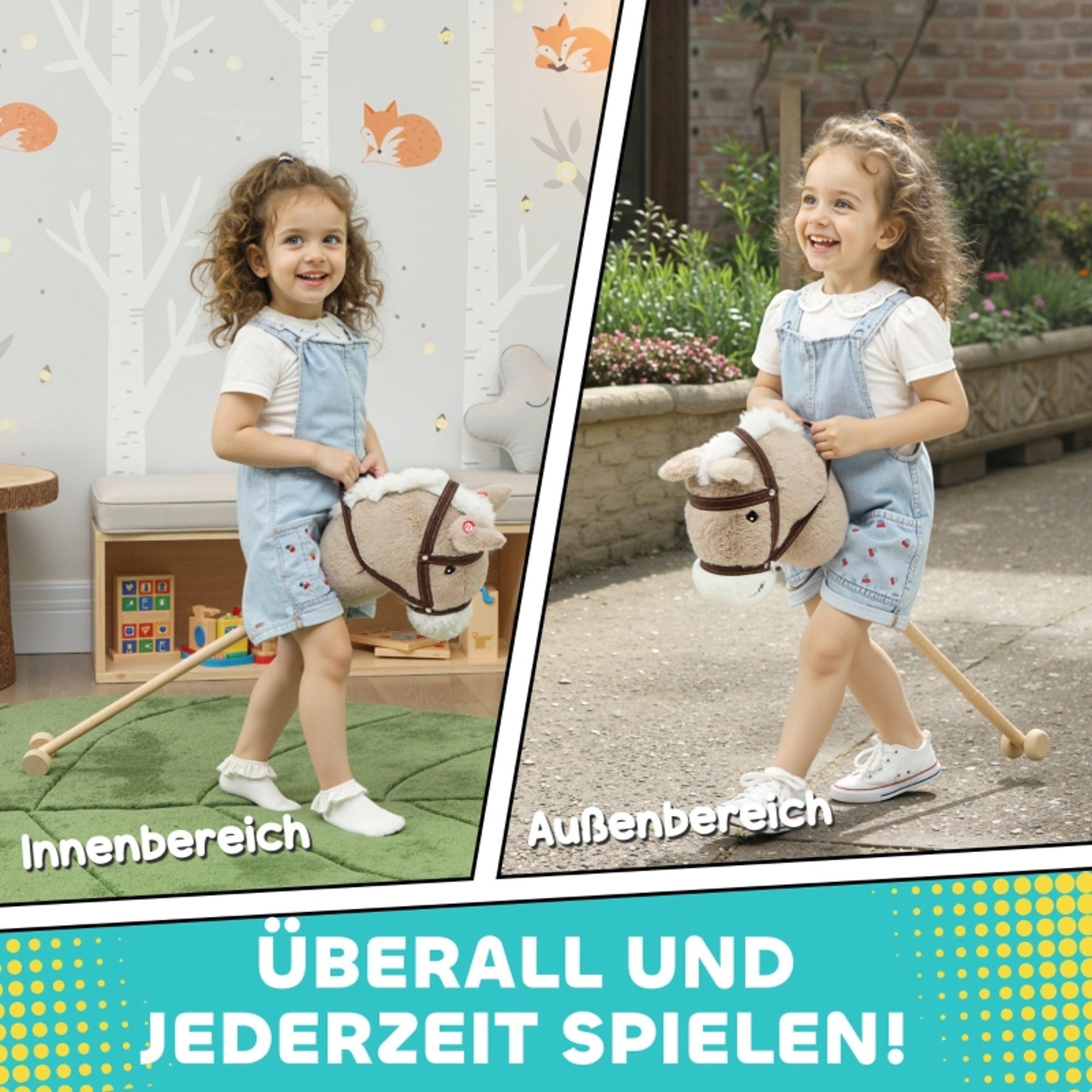 MC Star Steckenpferd Kinder Steckenpferde mit Sound, Rolle, Stockpferd zum Reiten, (für Kinder 24+ Monate, Grau)
