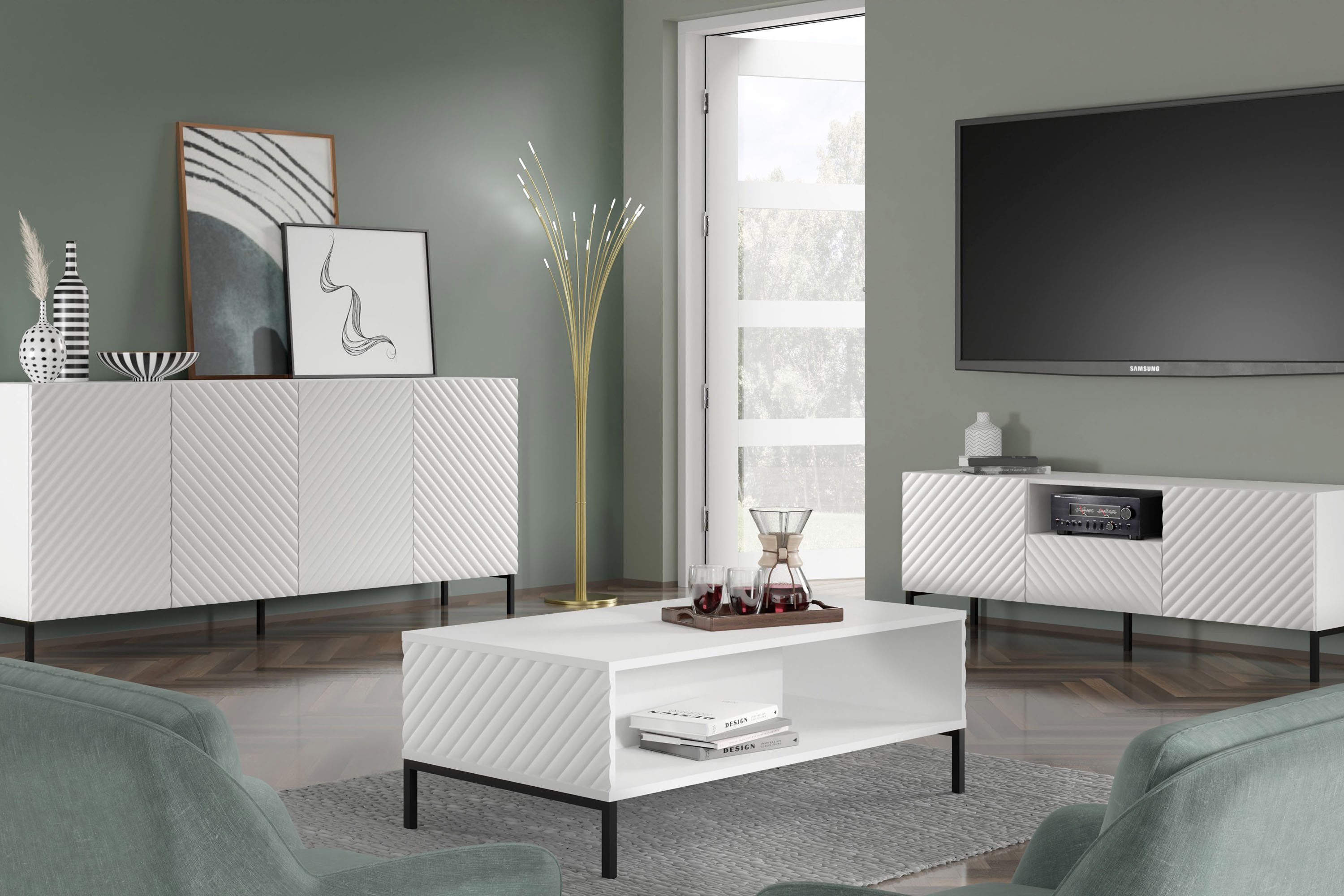 KONSIMO® Lowboard ADENO TV-Schrank, TV-Board, mit Push-to-Open-Funktion, Breite 150 cm, geriffelte matte Fronten, ABS-verstärkte Kanten, Metallfüße 15 cm