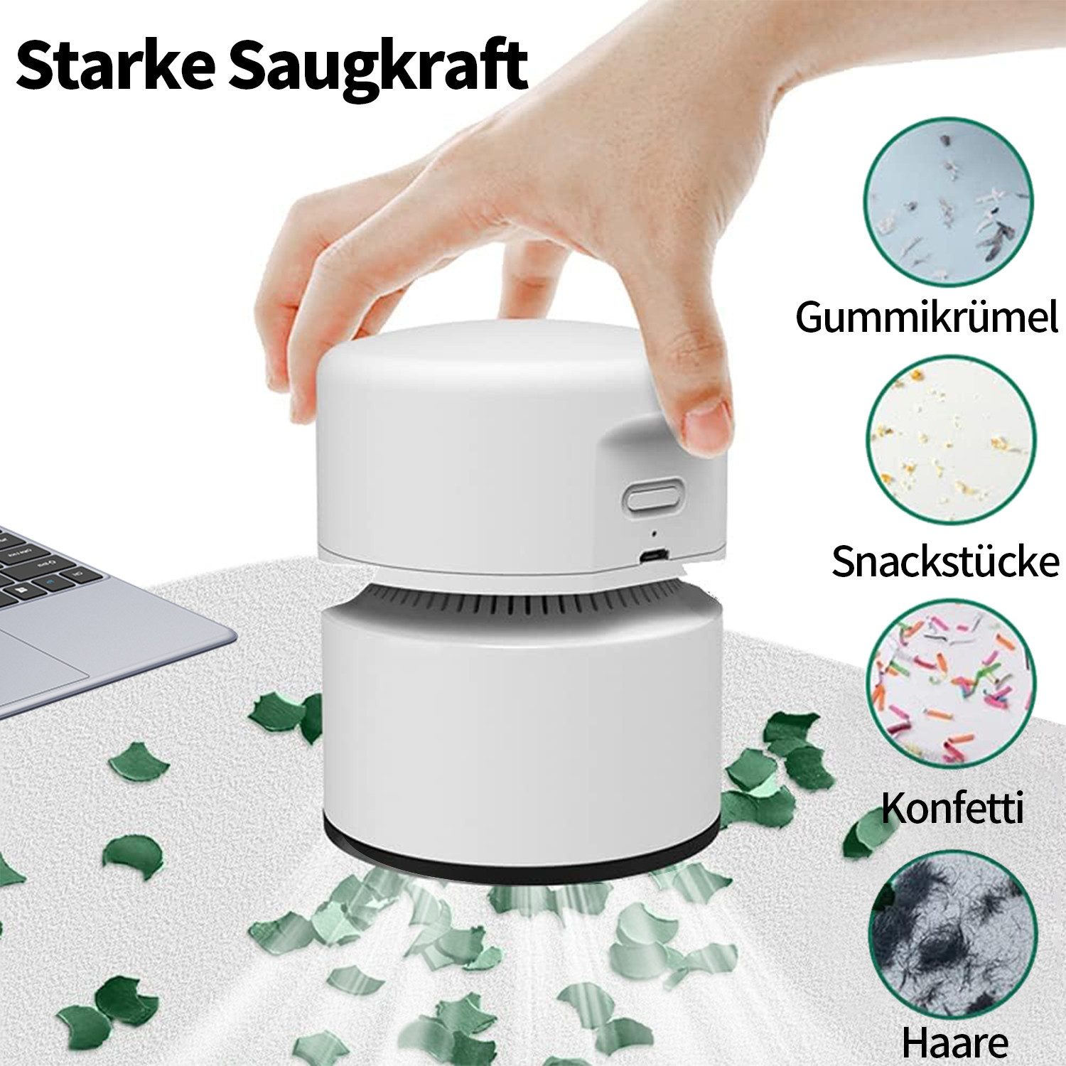 MOPUEA Krümel-Akkusauger Handstaubsauger USB Wiederaufladbar Mit Zwei Saugstufen, USB Ladefunktion Zwei Saugstufen 1800mAh Akku Tragbar