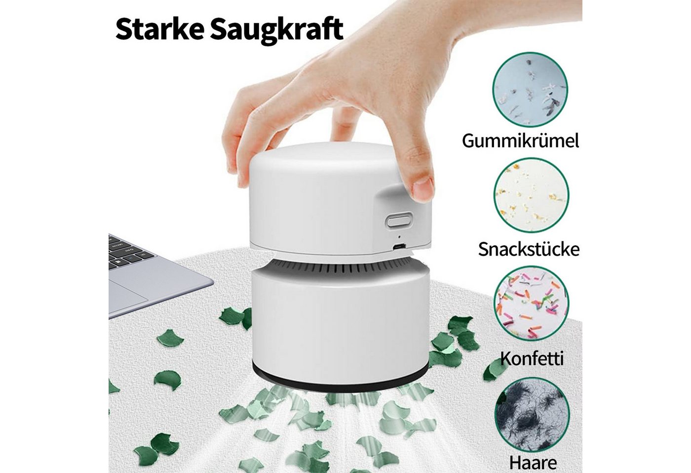 MOPUEA Krümel-Akkusauger Handstaubsauger USB Wiederaufladbar Mit Zwei Saugstufen, USB Ladefunktion Zwei Saugstufen 1800mAh Akku Tragbar
