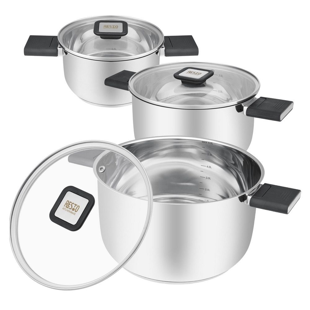 RESTO Kitchenware Topf-Set Anser, energiesparend und spülmaschinenfest, im Geschenkkarton, Edelstahl 18/10 (Set, 6-tlg., 1x Kochtopf Ø 16 cm, 1x Kochtopf Ø 20 cm, 1x Kochtopf Ø 24 cm), Geeignet für alle Herdarten, auch Induktion, mit klappbaren Griffen