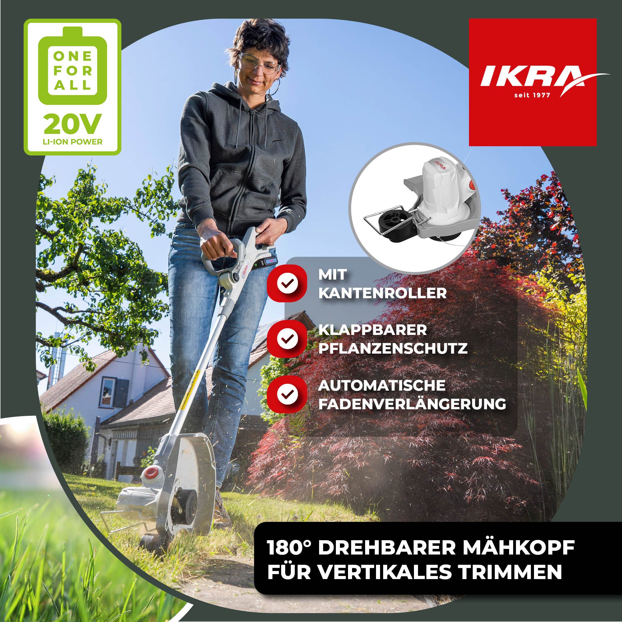 ikra GmbH Akku-Rasentrimmer IART 2030, 30 cm Arbeitsbreite Faden, (mit Akku & Ladergerät), 20 Volt-Akku - 2in1-System
