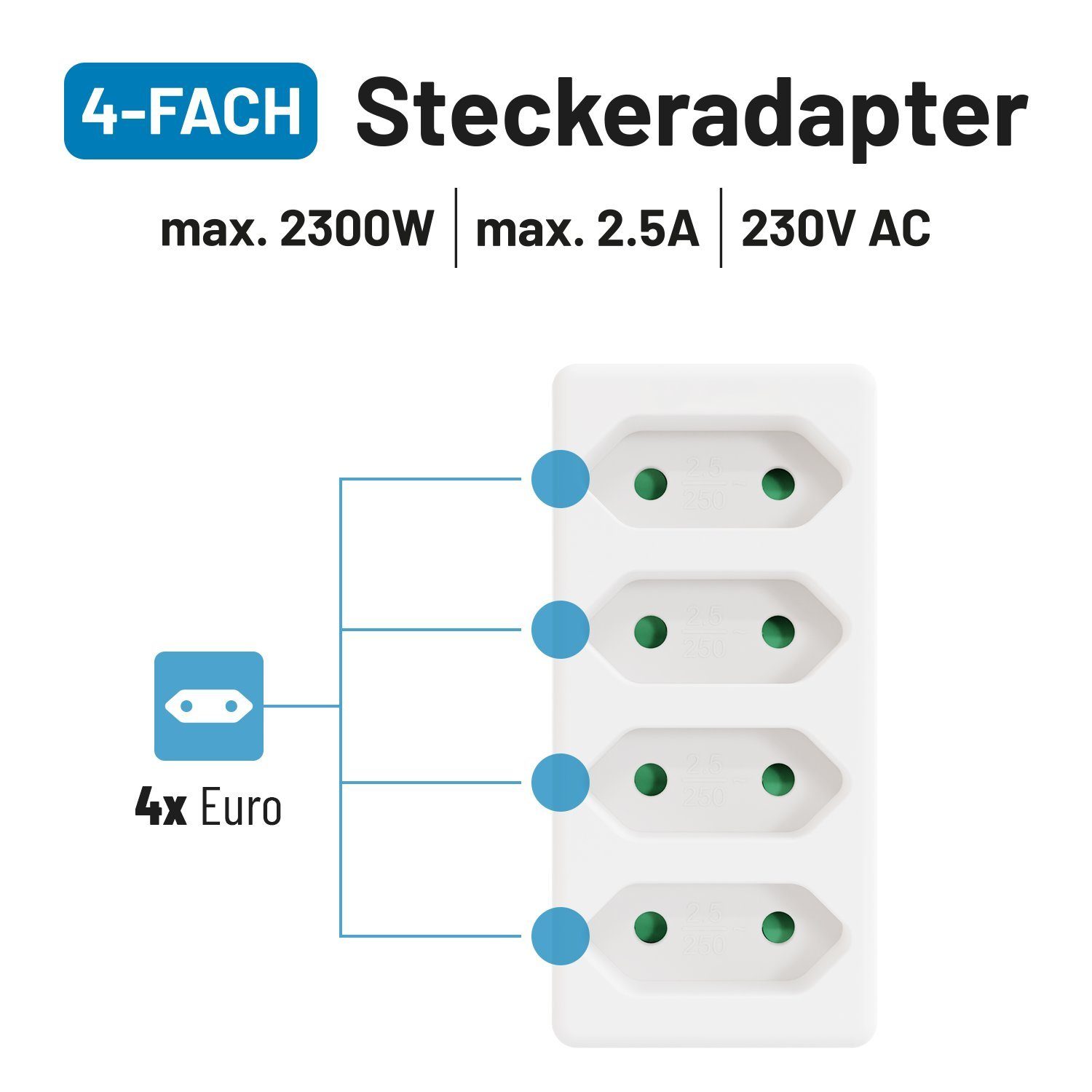 Kabel Berührungsschutz) Mehrfachsteckdose Steckdose 2300W Steckdosenadapter - 4fach 4fach bis greate. 4-fach ohne max. (Erhöhter