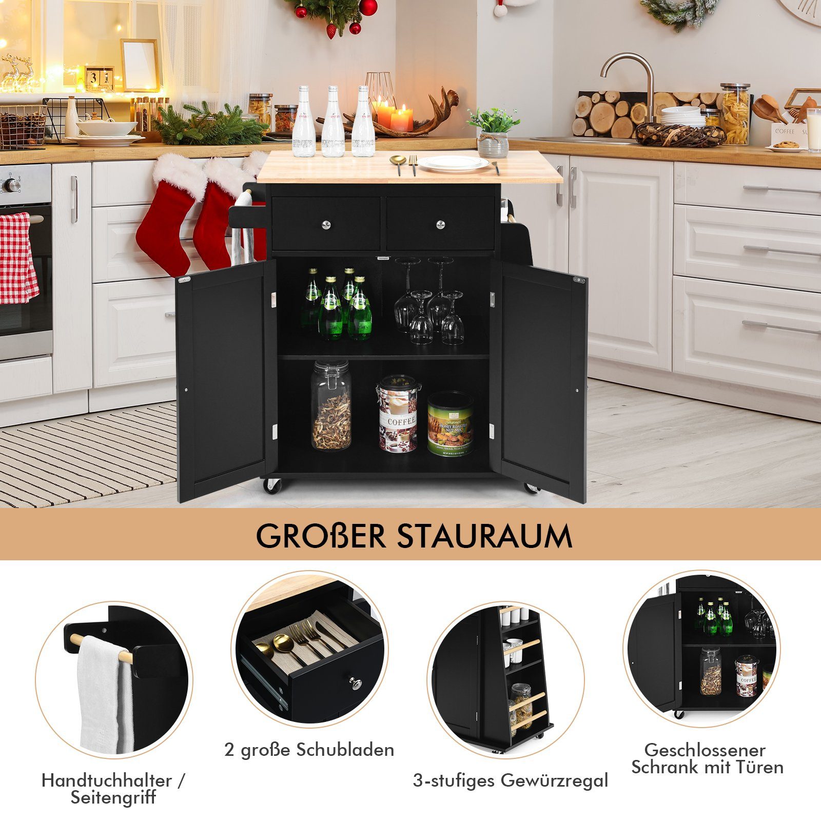 COSTWAY Küchenwagen, mit Arbeitsplatte, Schubladen & Gewürzregal, rollen günstig online kaufen