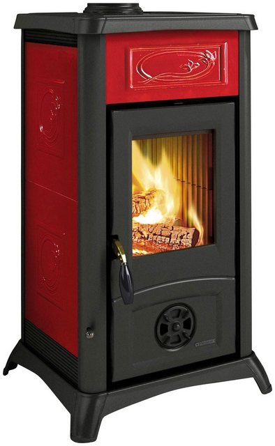 FireFix Kaminofen Gemma 6 kW schwarz, Kachelverkleidung in bordeaux