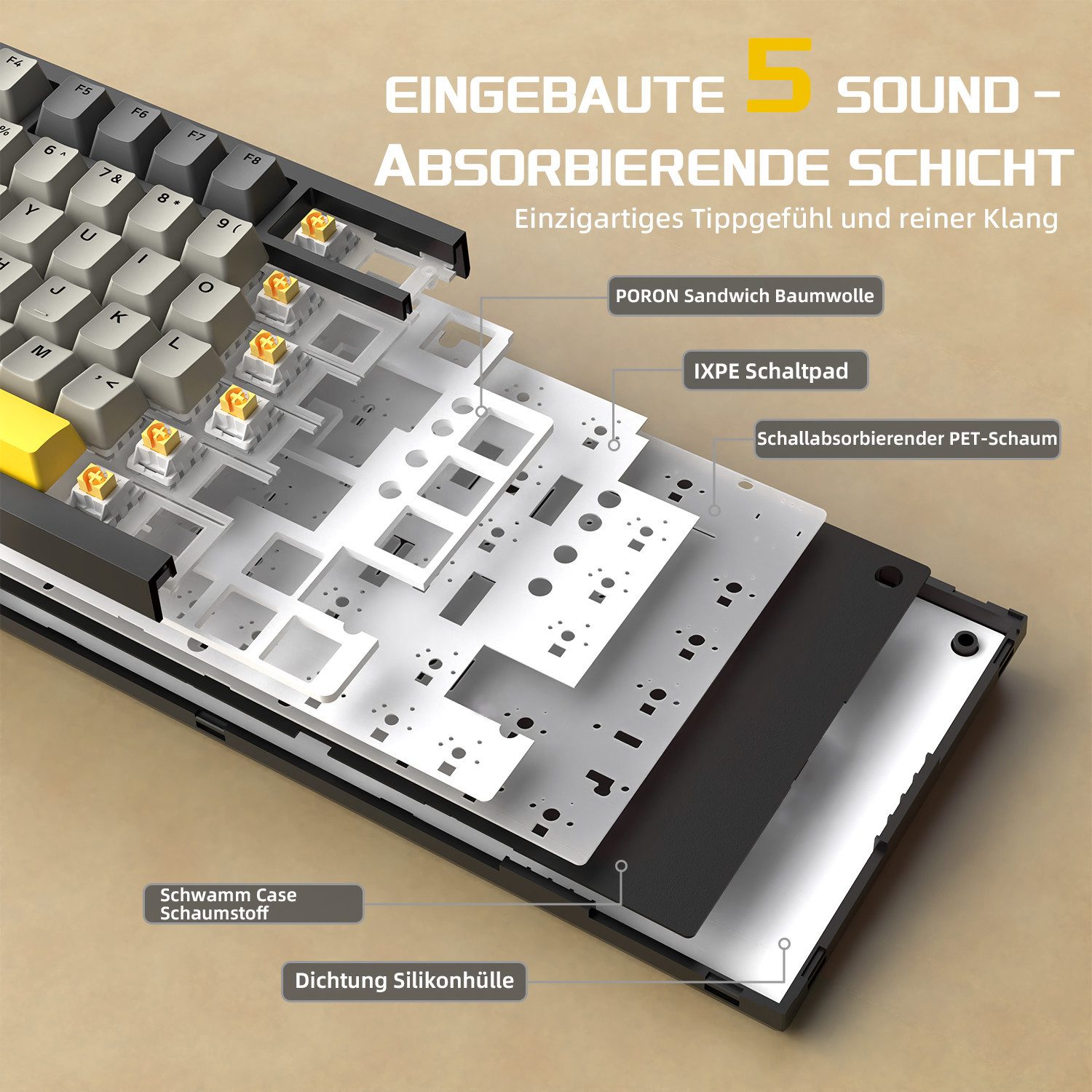AJAZZ AK820 Mechanische Tastatur mit Knopf,75% ANSI-Layout Gaming-Tastatur (81 keys, improved seal assembly, hot-swap) – Bild 4 von 5