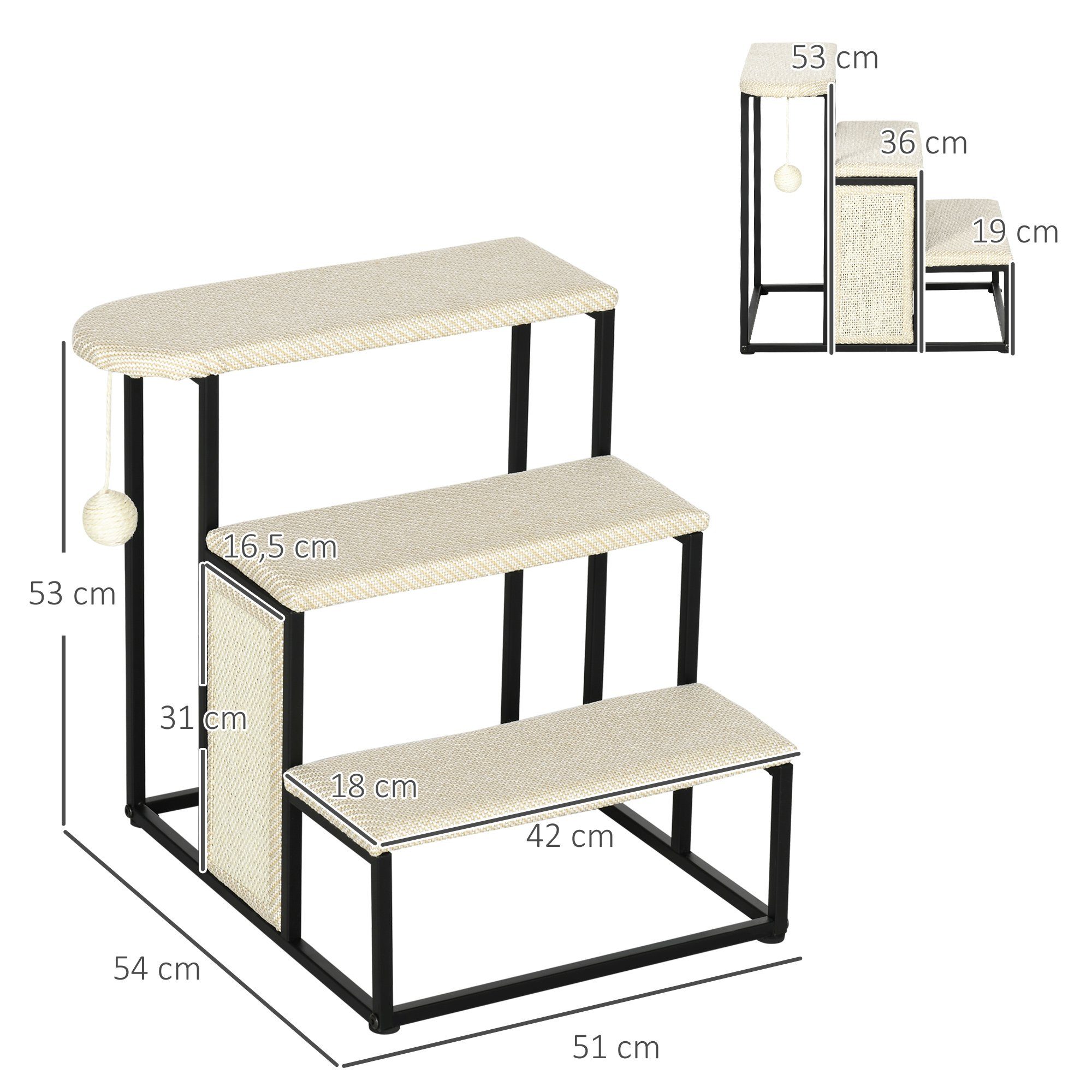 PawHut Haustiertreppe 3-stufige Katzentreppe Hundetreppe mit Kratzbrett und Spielball (Haustierleiter, 1-St., Tiertreppe), Cremeweiß+Schwarz 51 x 54 x 53 cm