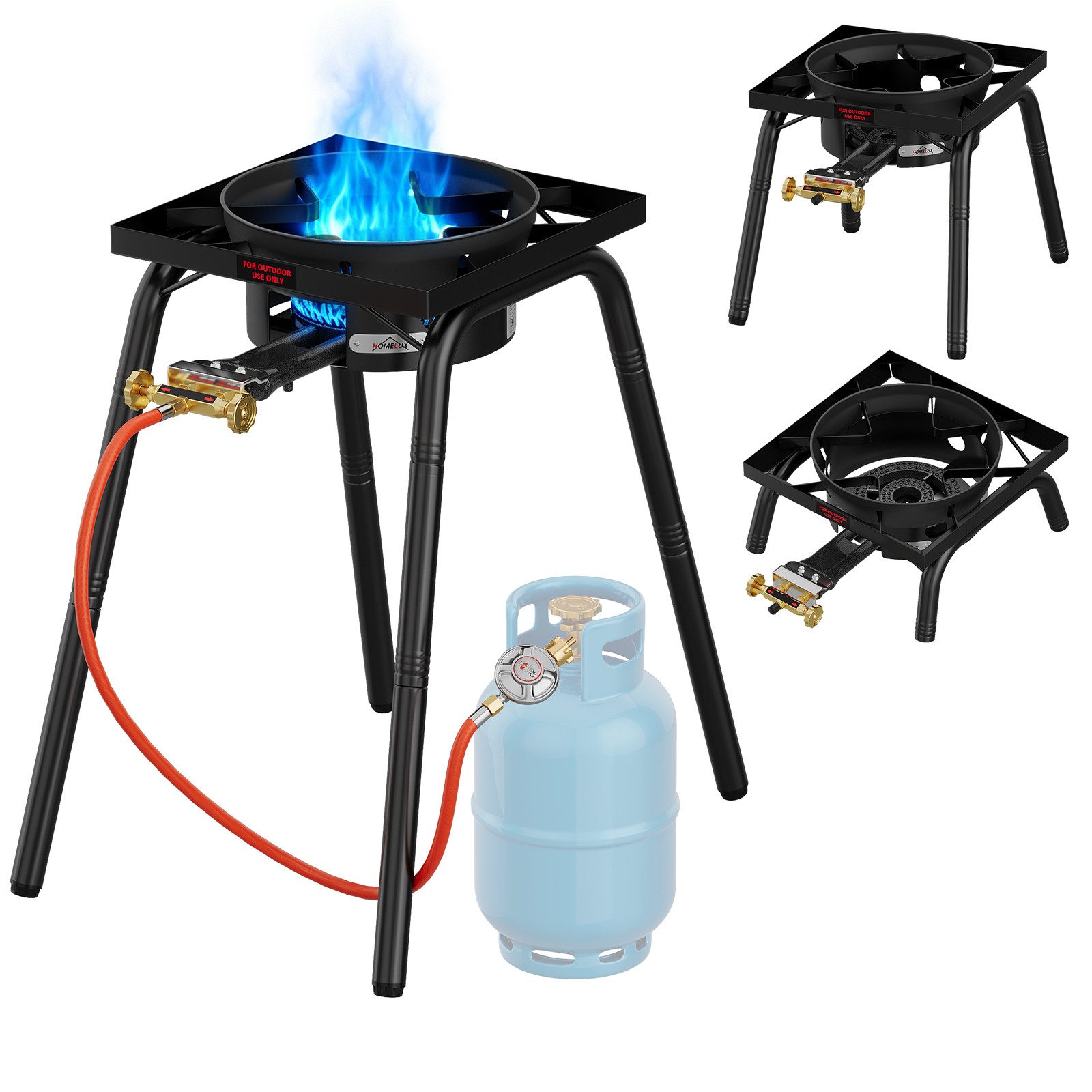 HOMELUX Gaskocher Hockerkocher 11,5 kW Gas mit Piezozündung, (3-St., mit Schlauch 150 cm und 700 mbar Gas Regler Druckminderer), 4 Bein Profi Gasbrenner Gusseisen für Camping Räucheröfen Wok Kocher