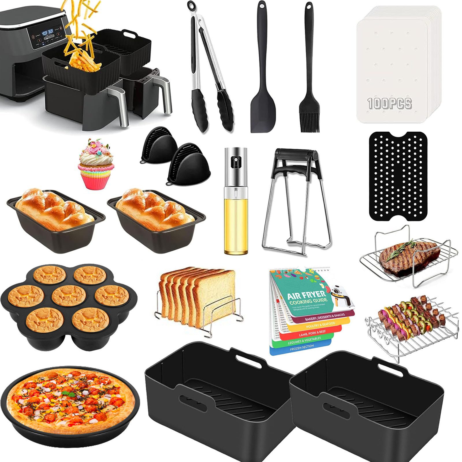 BlingBin Küchenmaschinen Zubehör-Set 19pcs Zubehör Heißluftfritteuse für Ninja Foodi AF300EU AF400EU, Zubehör für 7,6L-9,5L Dual-Airfryer und passt auch für größere Airfryer wie den Ninja 7,6L (AF300EU), 9,5L (AF400EU), Princess 8L (182074), Innsky 8L, Em