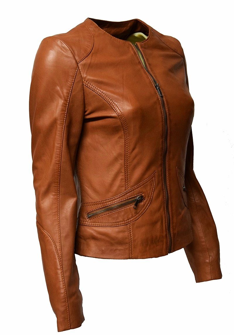 Zimmert Leather Lederjacke Bea (1-St) kragenlos, weiches Lammnappa, leichte Lederjacke, cognac, bordo, braun