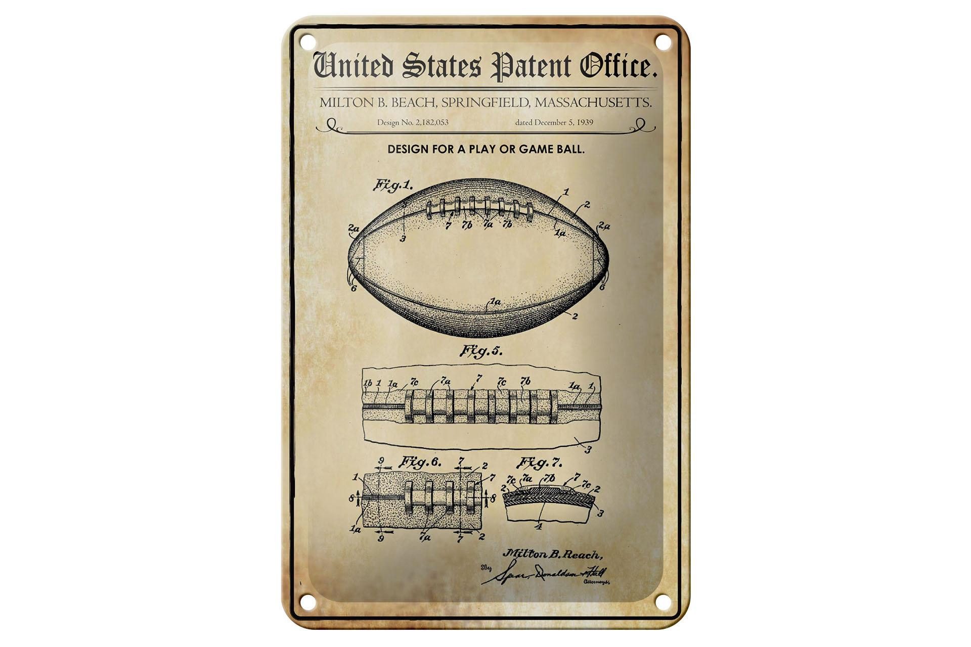 Femer GmbH Metallschild Patent 12x18 cm Entwurf für einen Football, (1 St), gewölbte Oberfläche, abgerundete Ecken, umgeschlagene Kanten