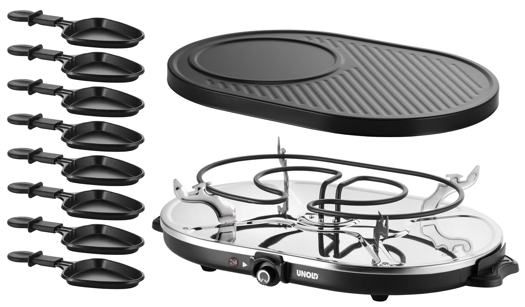Unold Raclette Gourmet 48795, 8 Raclettepfännchen, 1200 W, Grillplatte abnehmbar, glatt und geriffelt