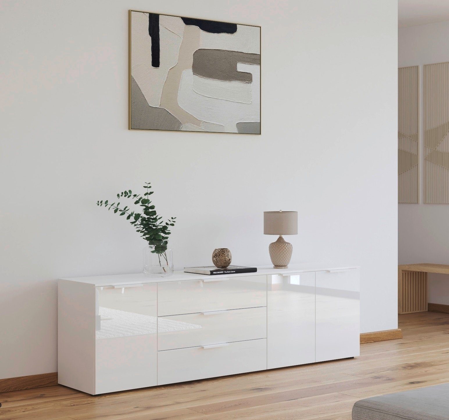 rauch Kombikommode Kommode Türkommode Sideboard Kombikommode FLIPP mit Glasfront (Breite 200 cm mit 2 Einlegeböden), 3-türig mit 3 Schubladen und Soft-Close-Funktion sowie Glasfront