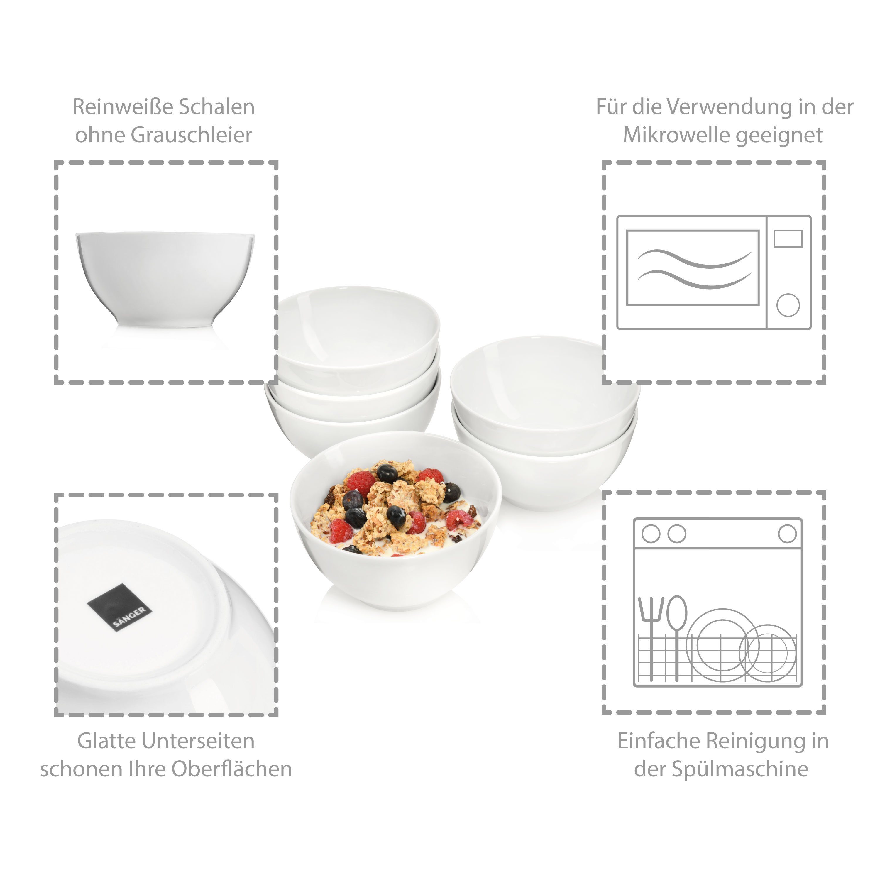 SÄNGER Müslischale Sunfort Schalen Set, Weiß, Porzellan, (Set, 6-tlg), rundes Design, 550 ml, Premium Collection