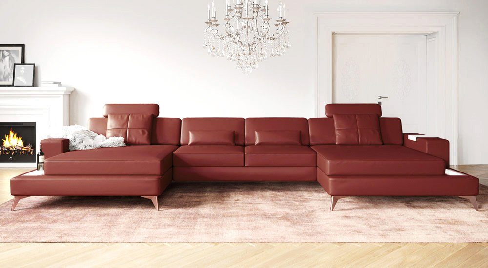 BULLHOFF Wohnlandschaft Wohnlandschaft Leder XXL Ecksofa Eckcouch U-Form Designsofa Leder LED Sofa Couch Cognac Braun »MÜNCHEN« von BULLHOFF